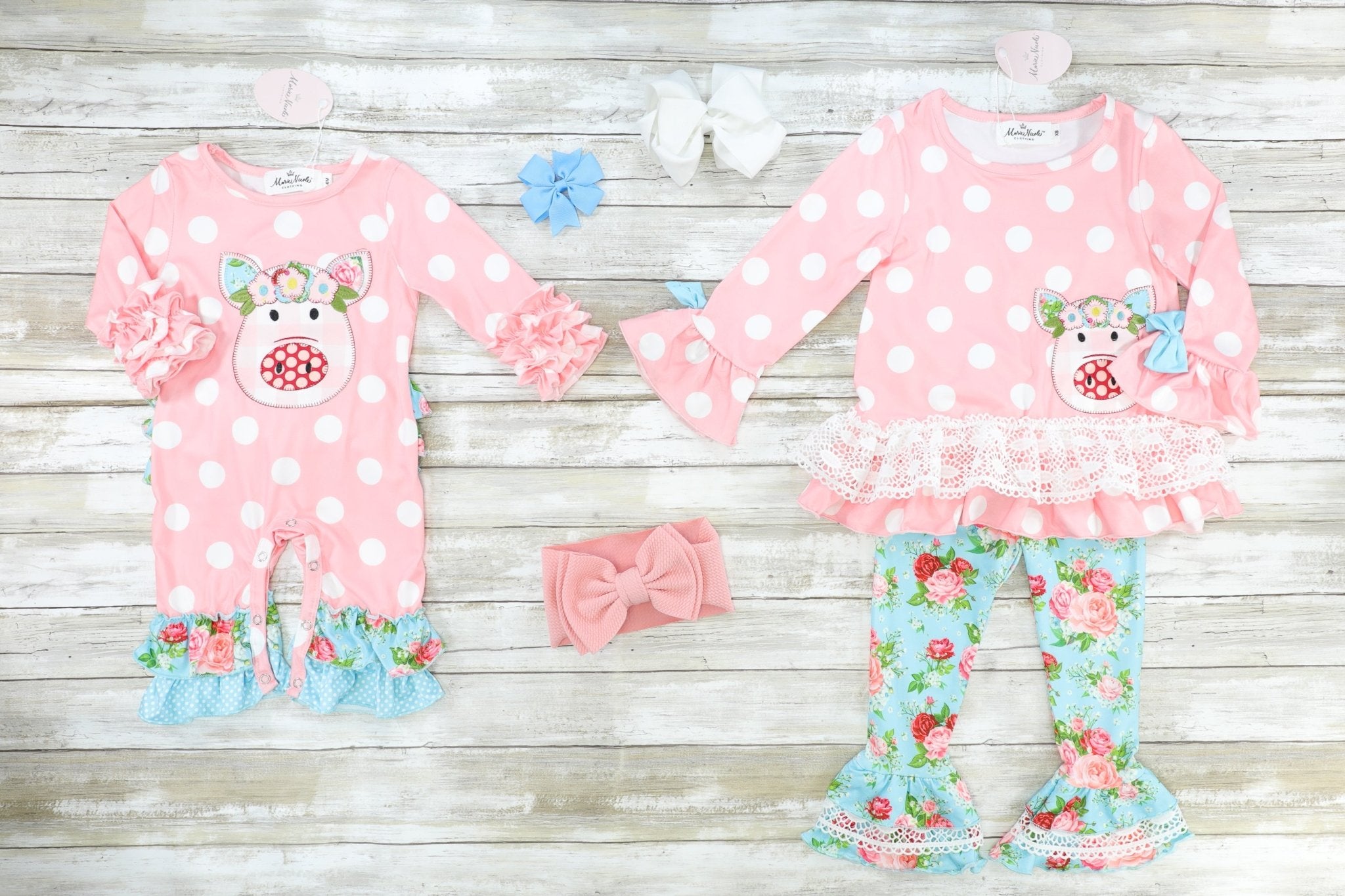 Pink Polka Dot & Floral Piggy Ruffle Outfit - Marie Nicole Clothing