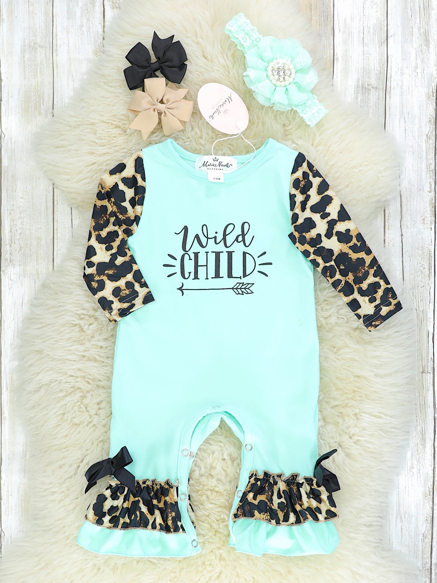 Mint "Wild Child" Leopard Ruffle Romper - Marie Nicole Clothing