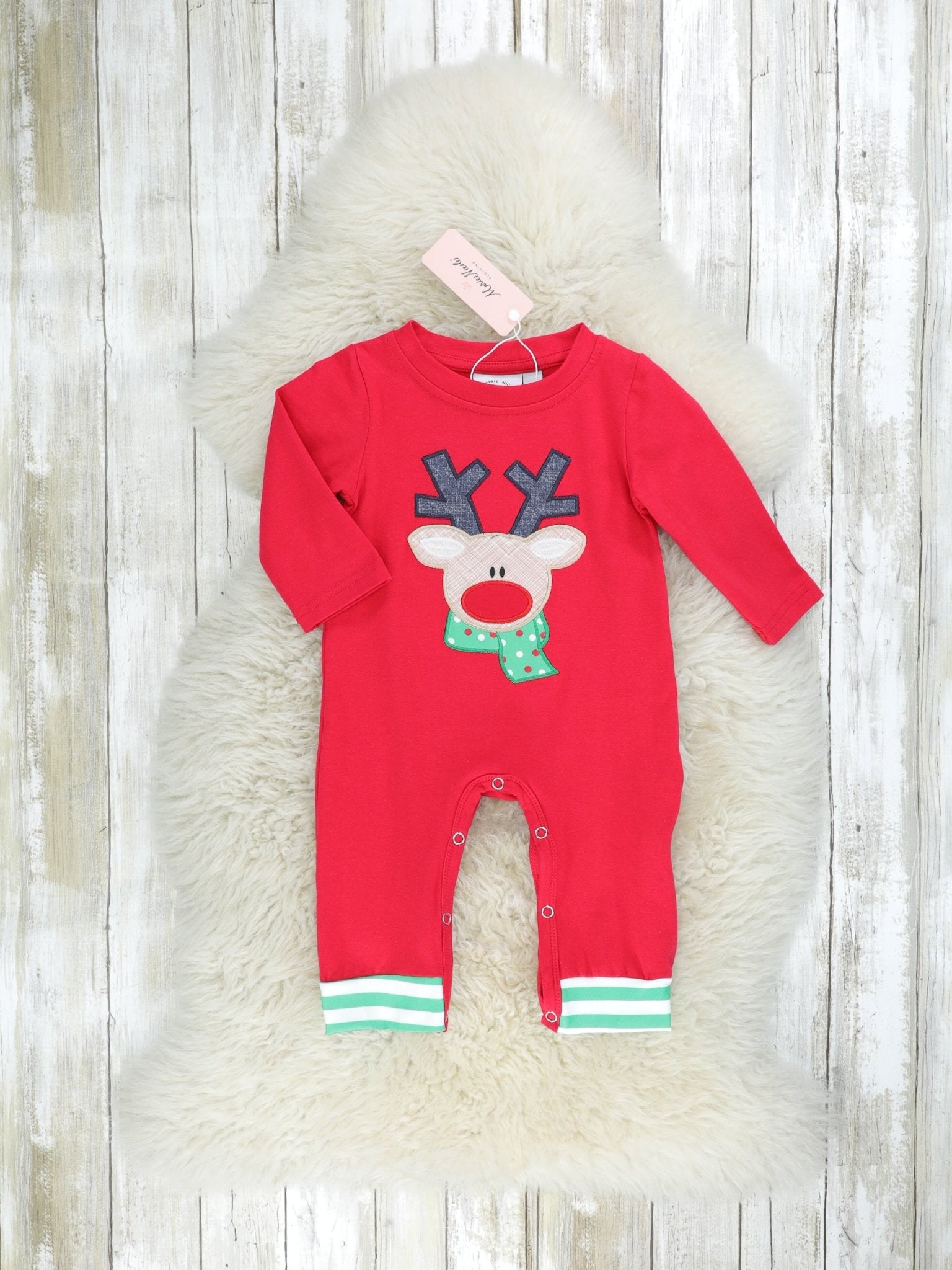 Red & Green Reindeer Romper - Marie Nicole Clothing