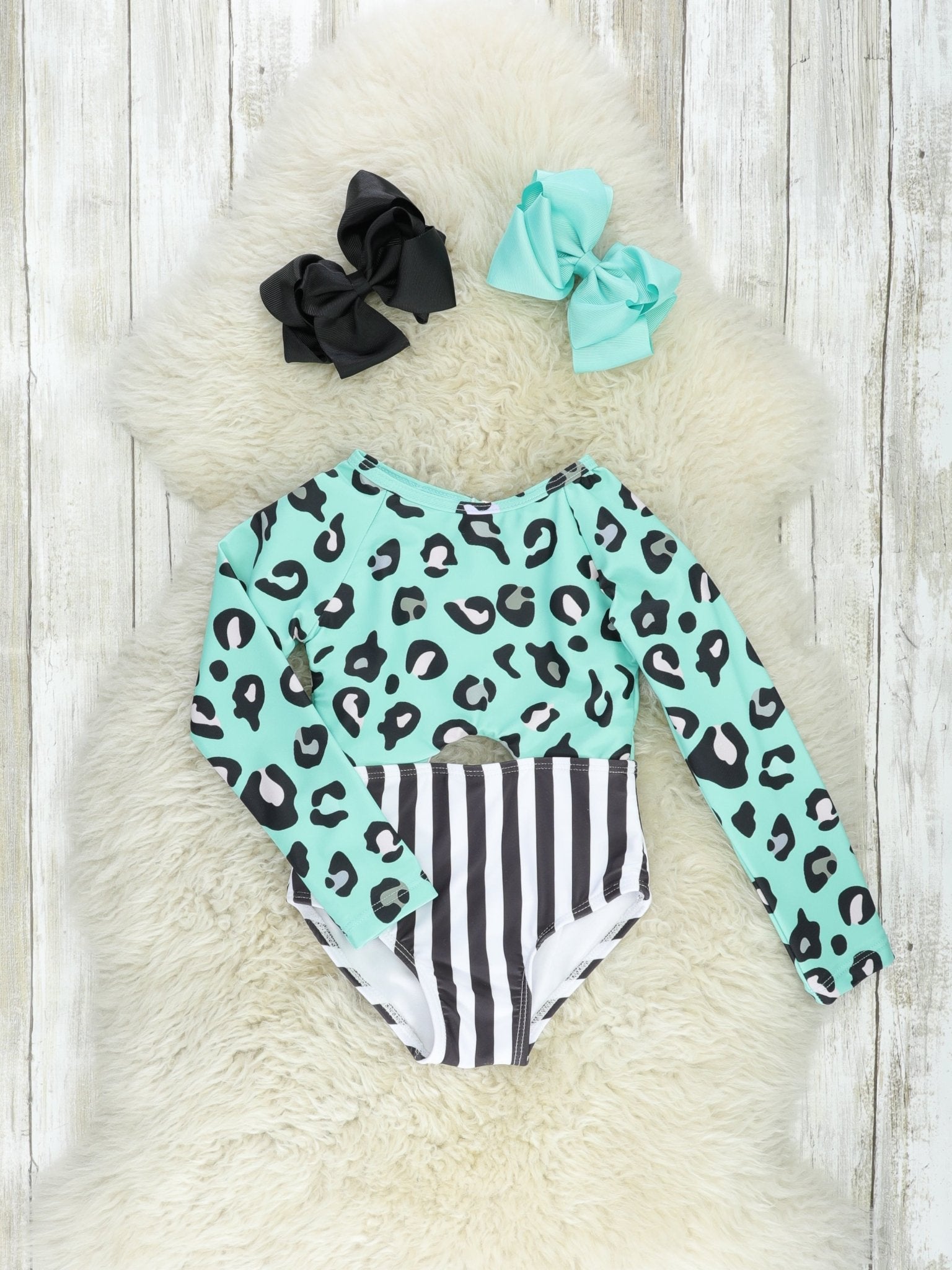 Mint Leopard Striped Rash Guard Swimsuit - Marie Nicole Clothing