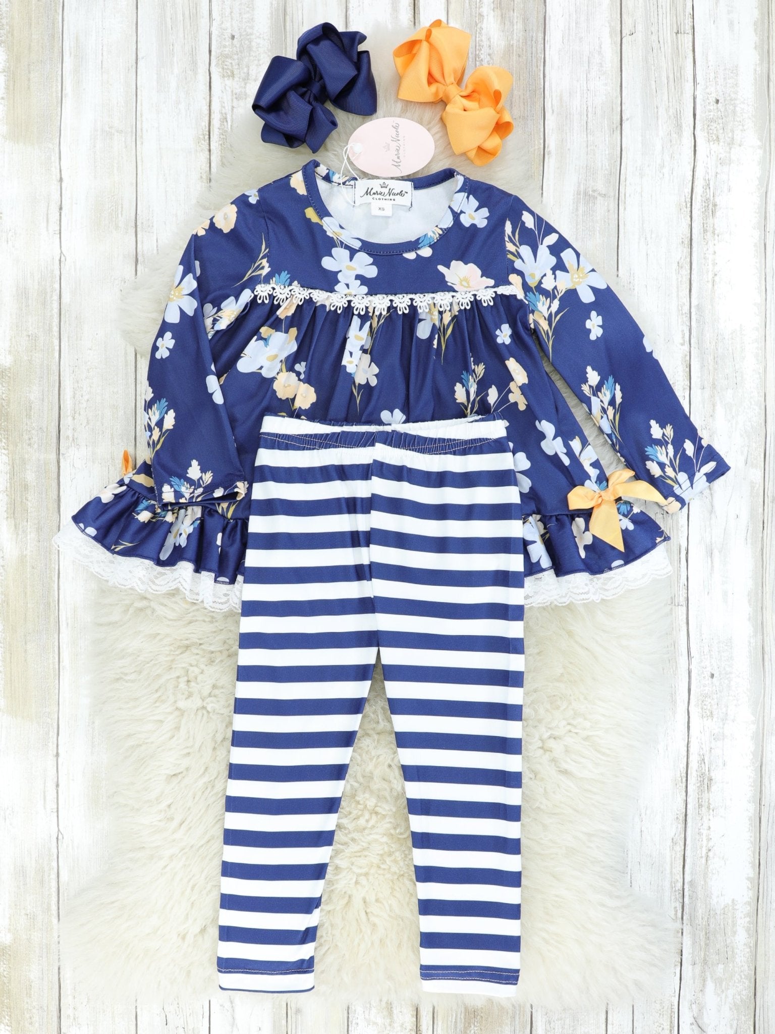 Navy Floral Lace Ruffle Tunic & Striped Bottoms Outfit - Marie Nicole Clothing