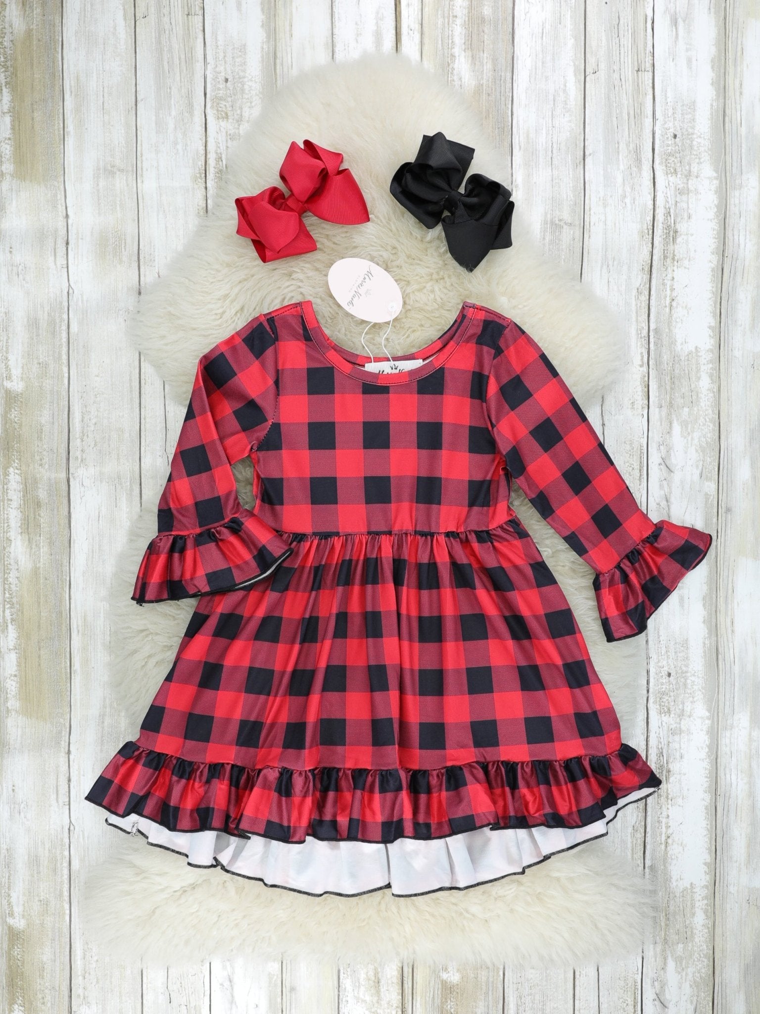 Buffalo Plaid Bell Sleeve Ruffle Dress W/ Leopard Vest - Marie Nicole Clothing