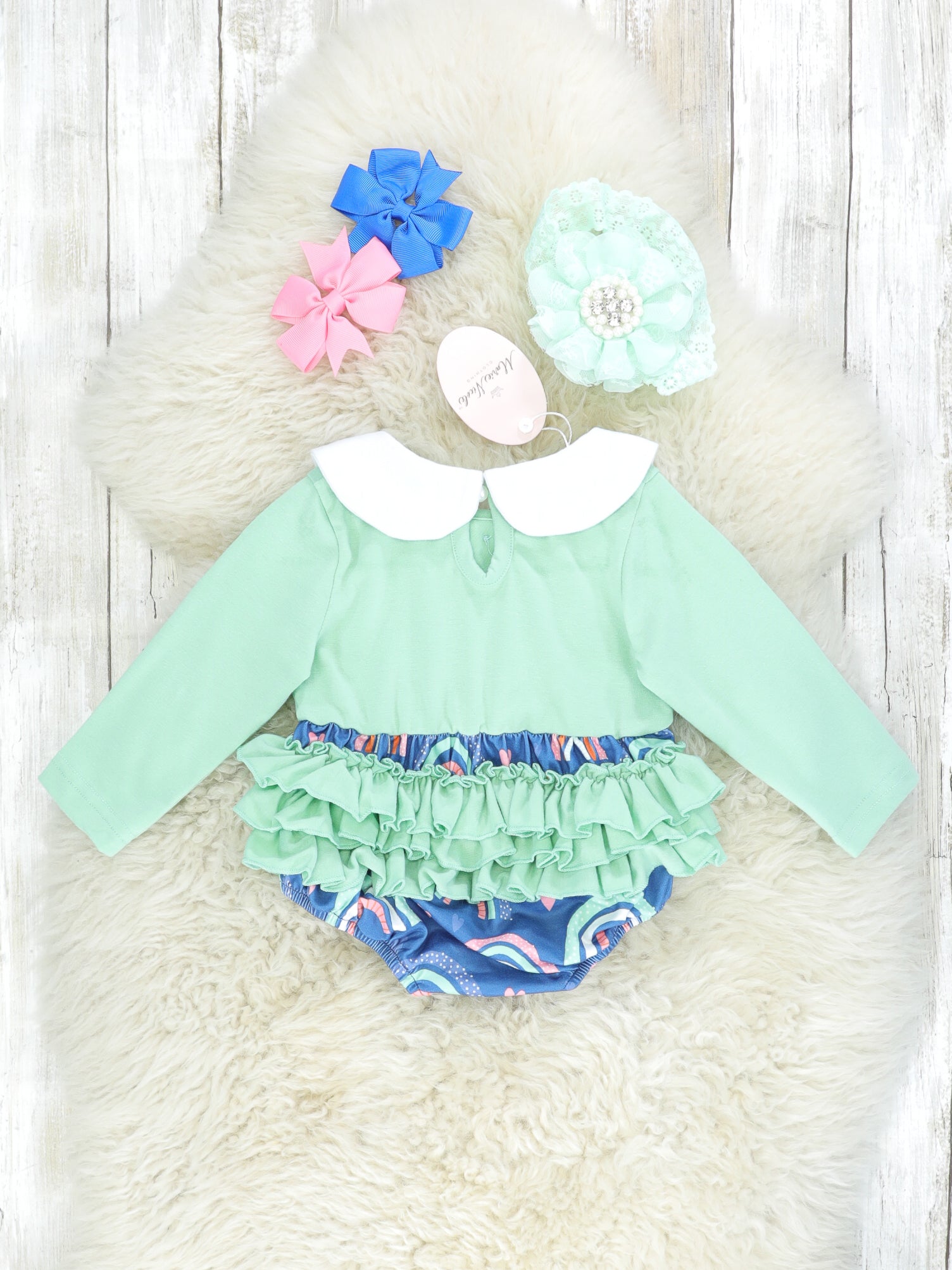 Mint Rainbow Ruffle Bubble Romper - Marie Nicole Clothing