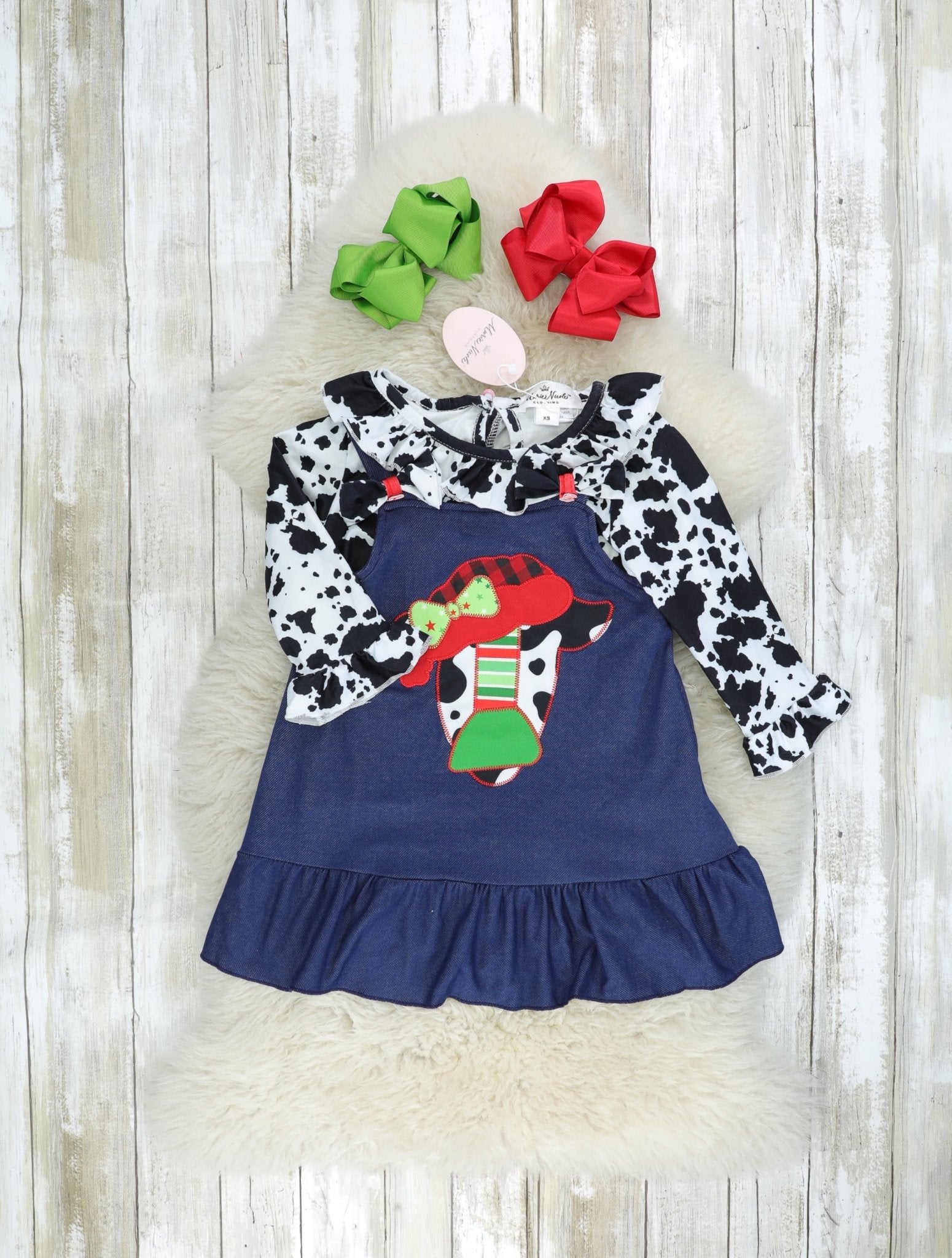 Festive Cow Ruffle Overall Dress - Marie Nicole Clothing