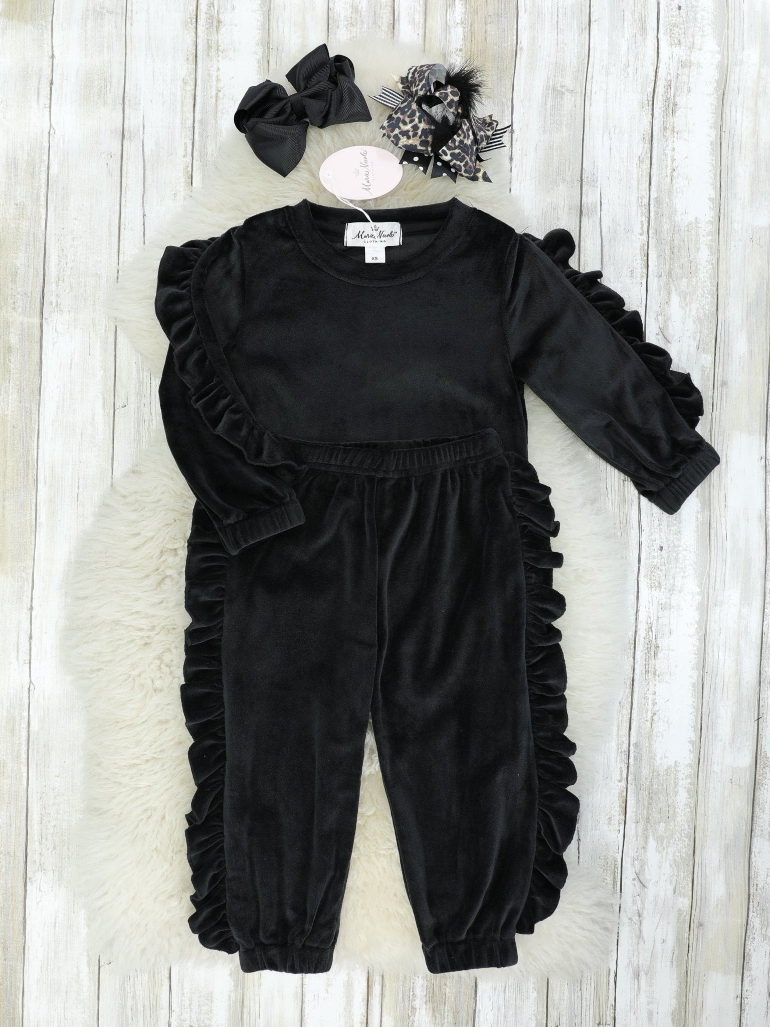 Black Velvet Ruffle Pullover & Jogger Outfit - Marie Nicole Clothing