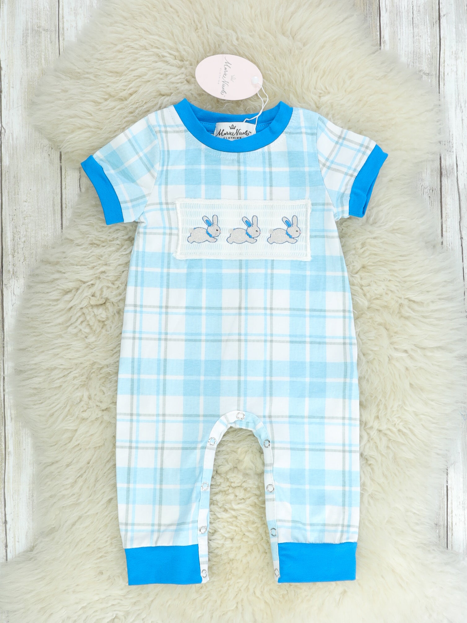 Blue Smocked Easter Bunny Romper - Marie Nicole Clothing