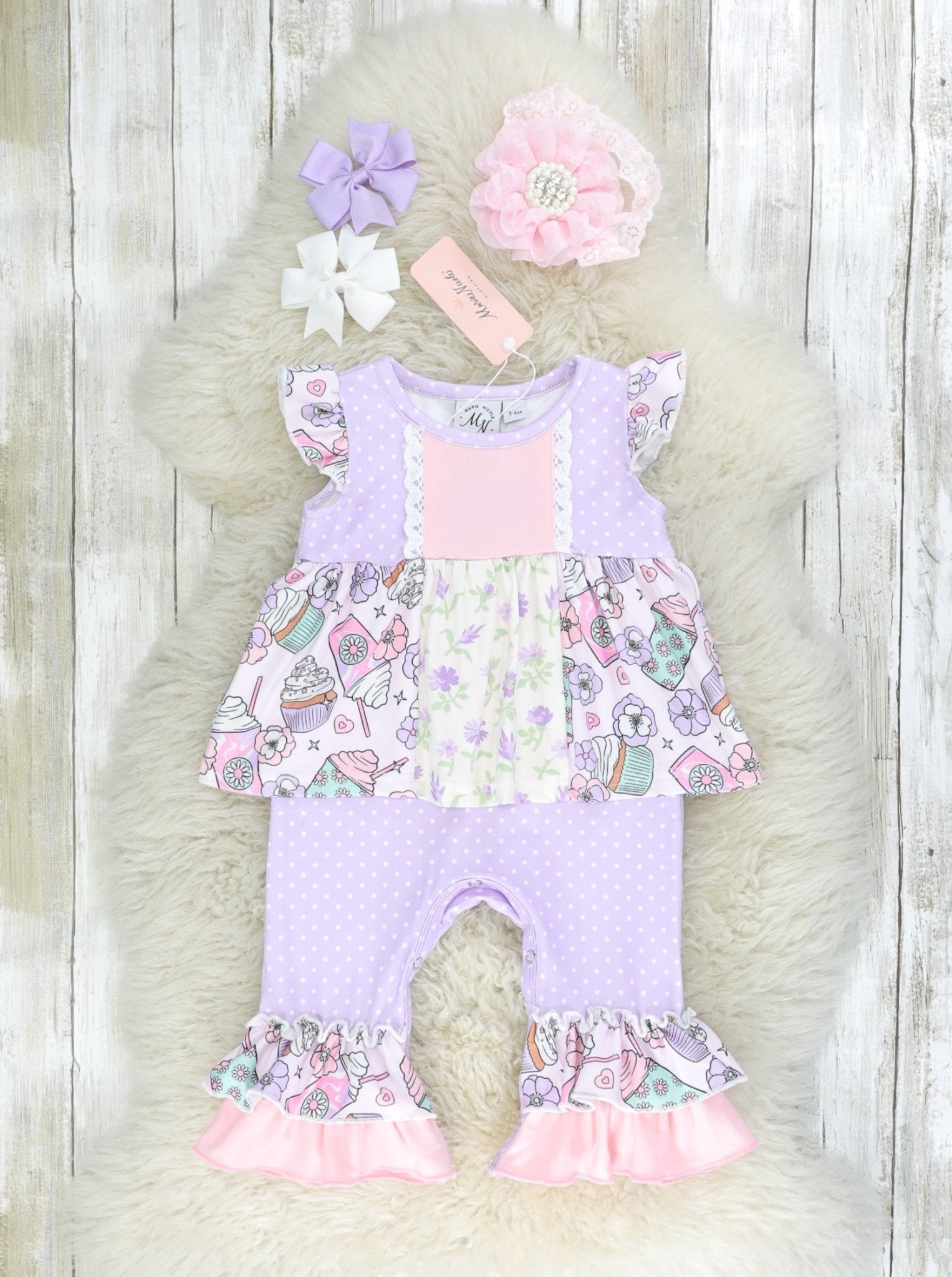 Lavender Floral & Sweet Treats Ruffle Romper - Marie Nicole Clothing