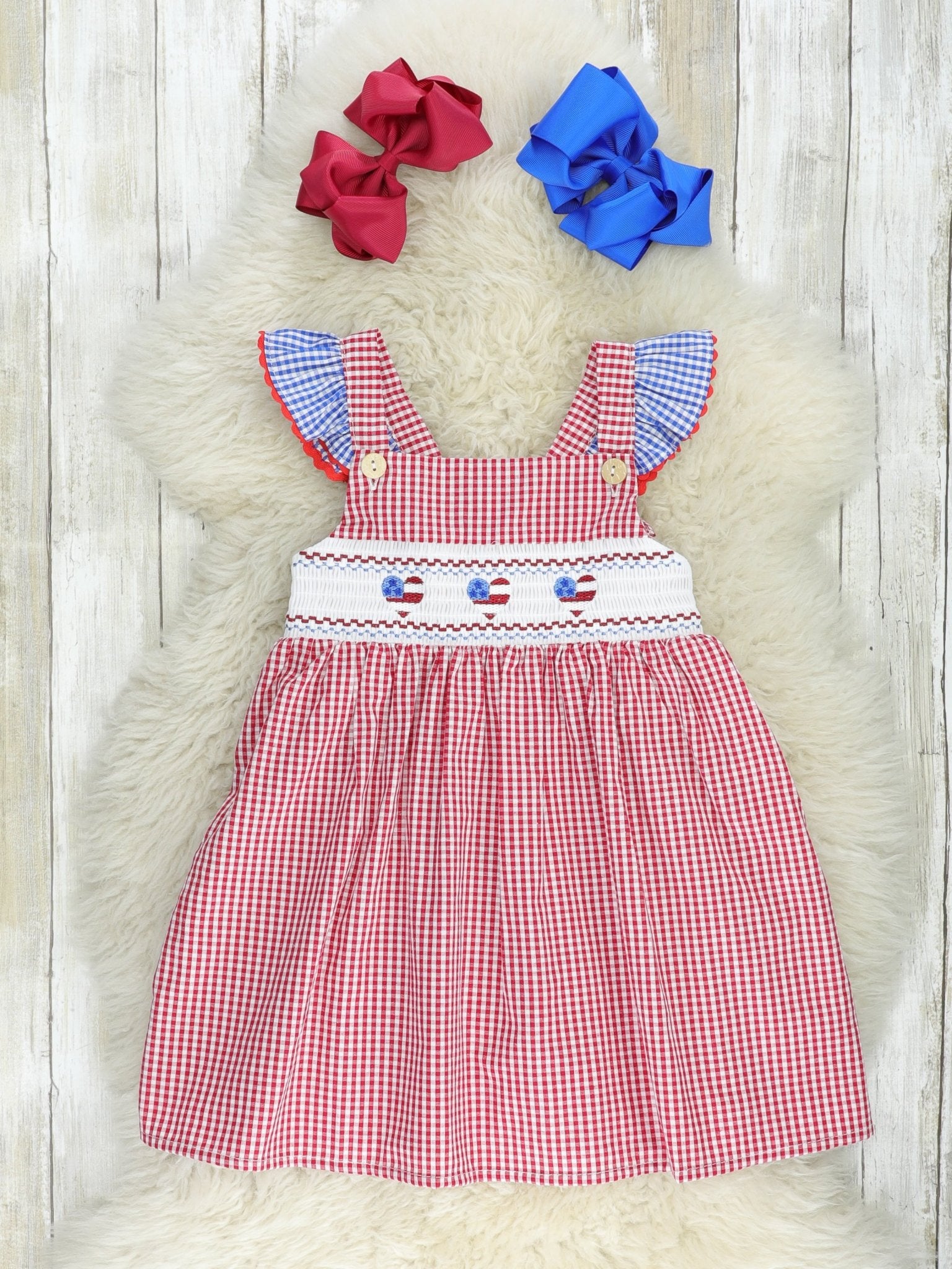 Red Gingham American Heart Smocked Dress - Marie Nicole Clothing