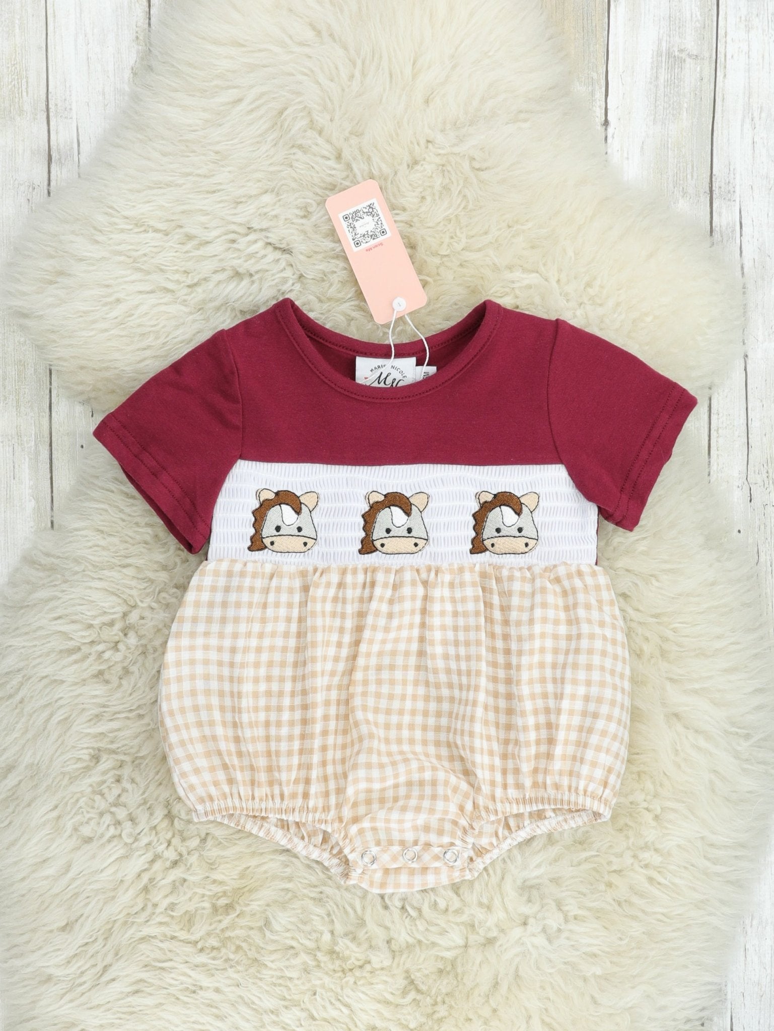 Maroon Smocked Horse Romper - Marie Nicole Clothing