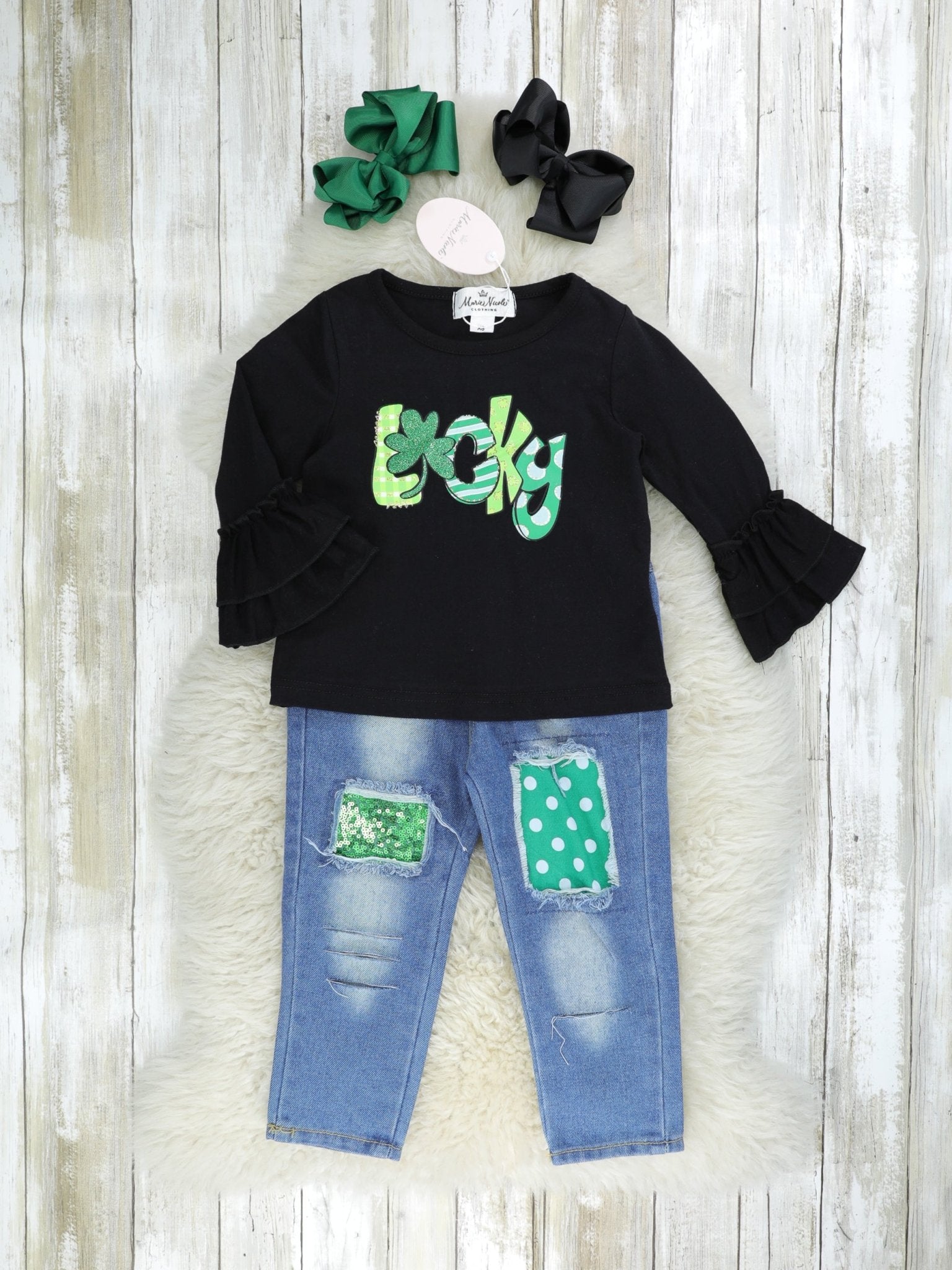 "Lucky" Distressed Denim Ruffle Outfit - Marie Nicole Clothing