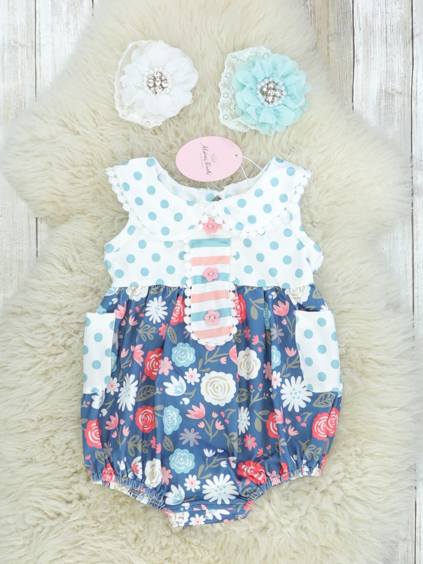 Navy Floral Polka Dotted Bubble Romper - Marie Nicole Clothing