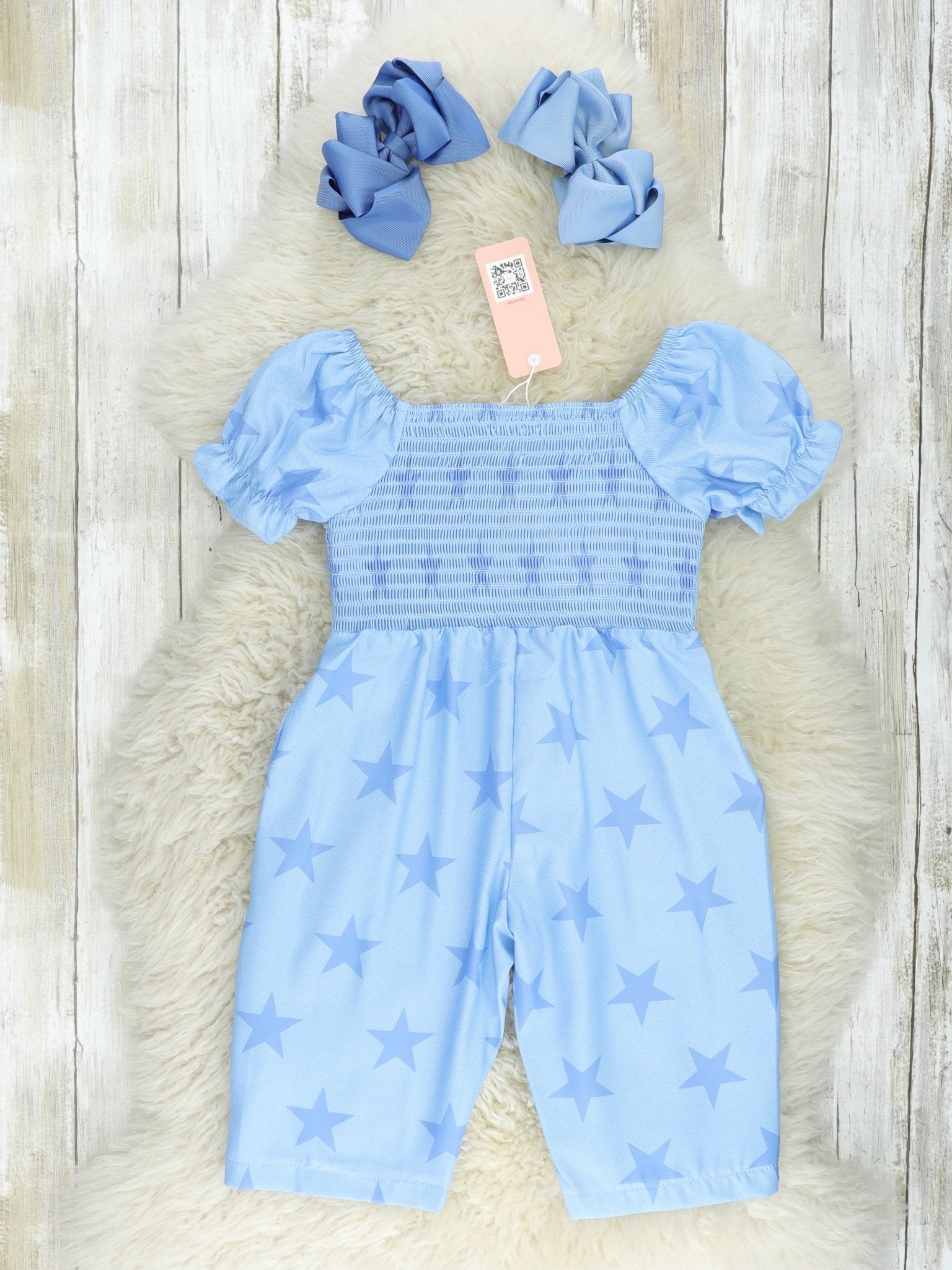 Blue Smocked Star Jumpsuit - Marie Nicole Clothing