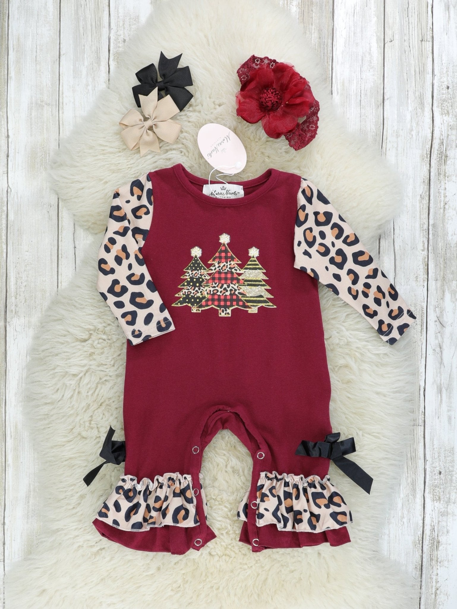 Burgundy Leopard Christmas Tree Raglan Romper - Marie Nicole Clothing