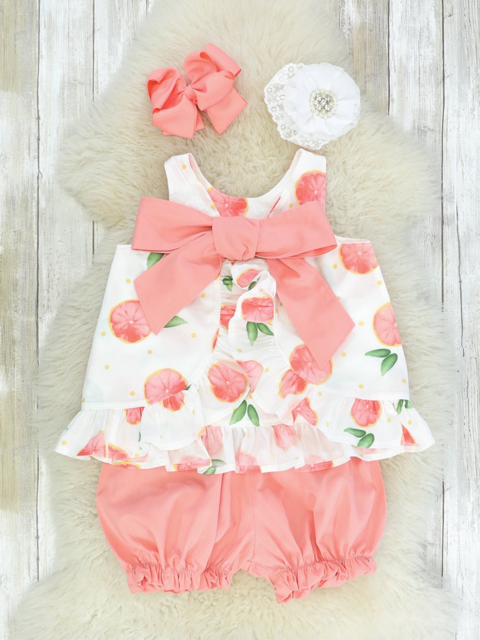 Grapefruit Ruffle Open - Back Bow Outfit - Marie Nicole Clothing