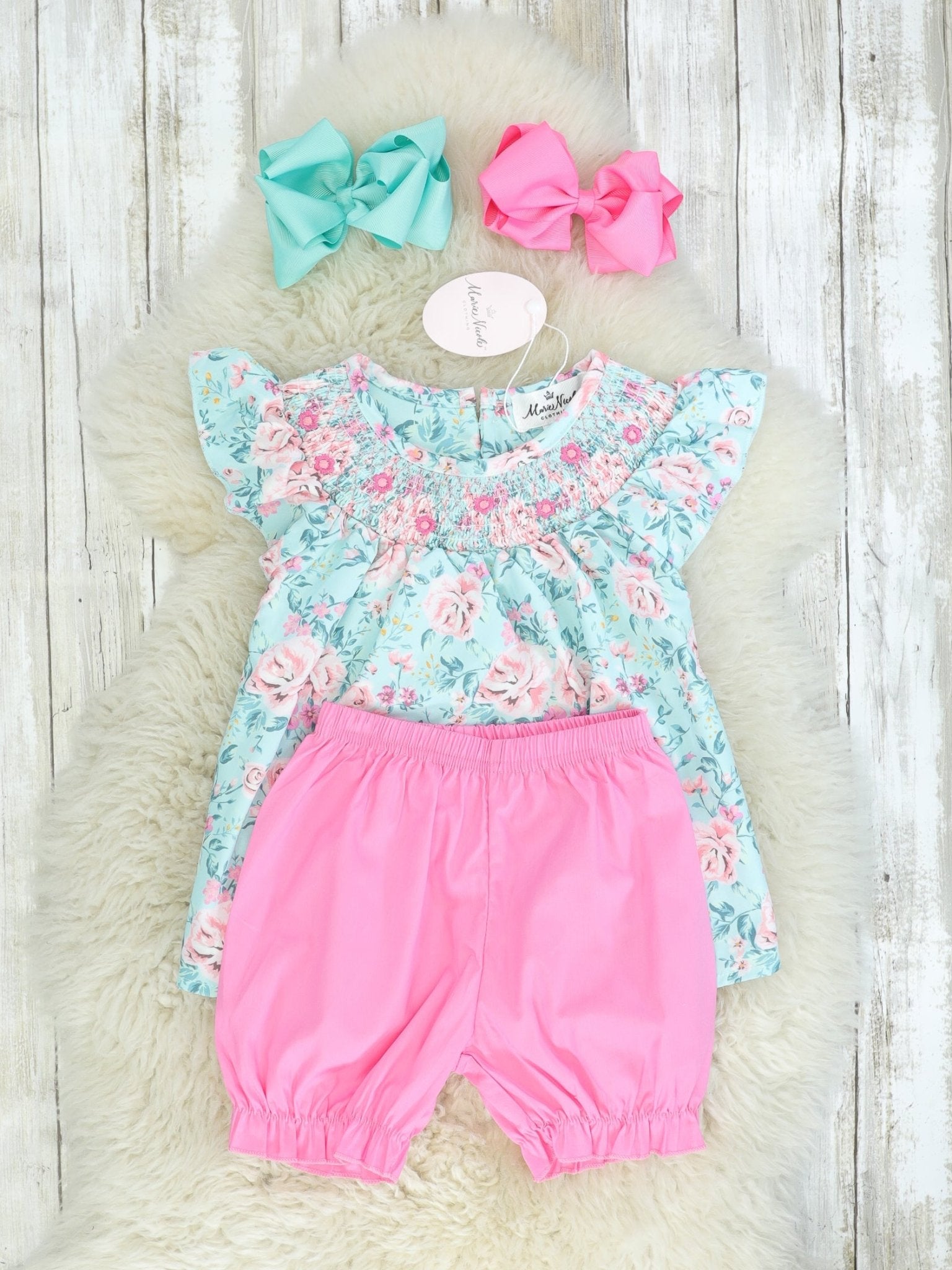 Blue Floral Ruffle Top & Pink Bottoms Outfit - Marie Nicole Clothing