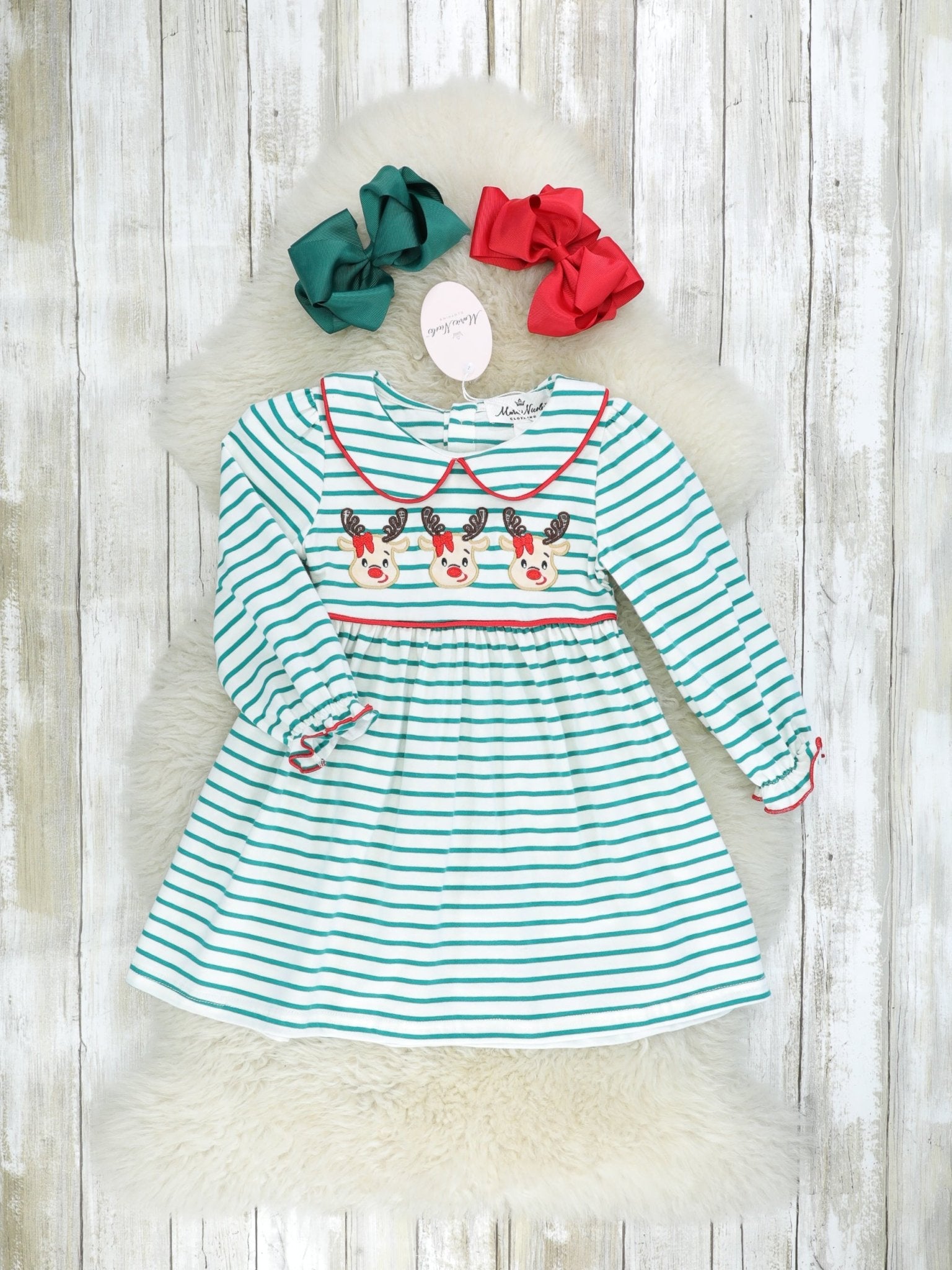 Green Striped Vintage Reindeer Dress - Marie Nicole Clothing