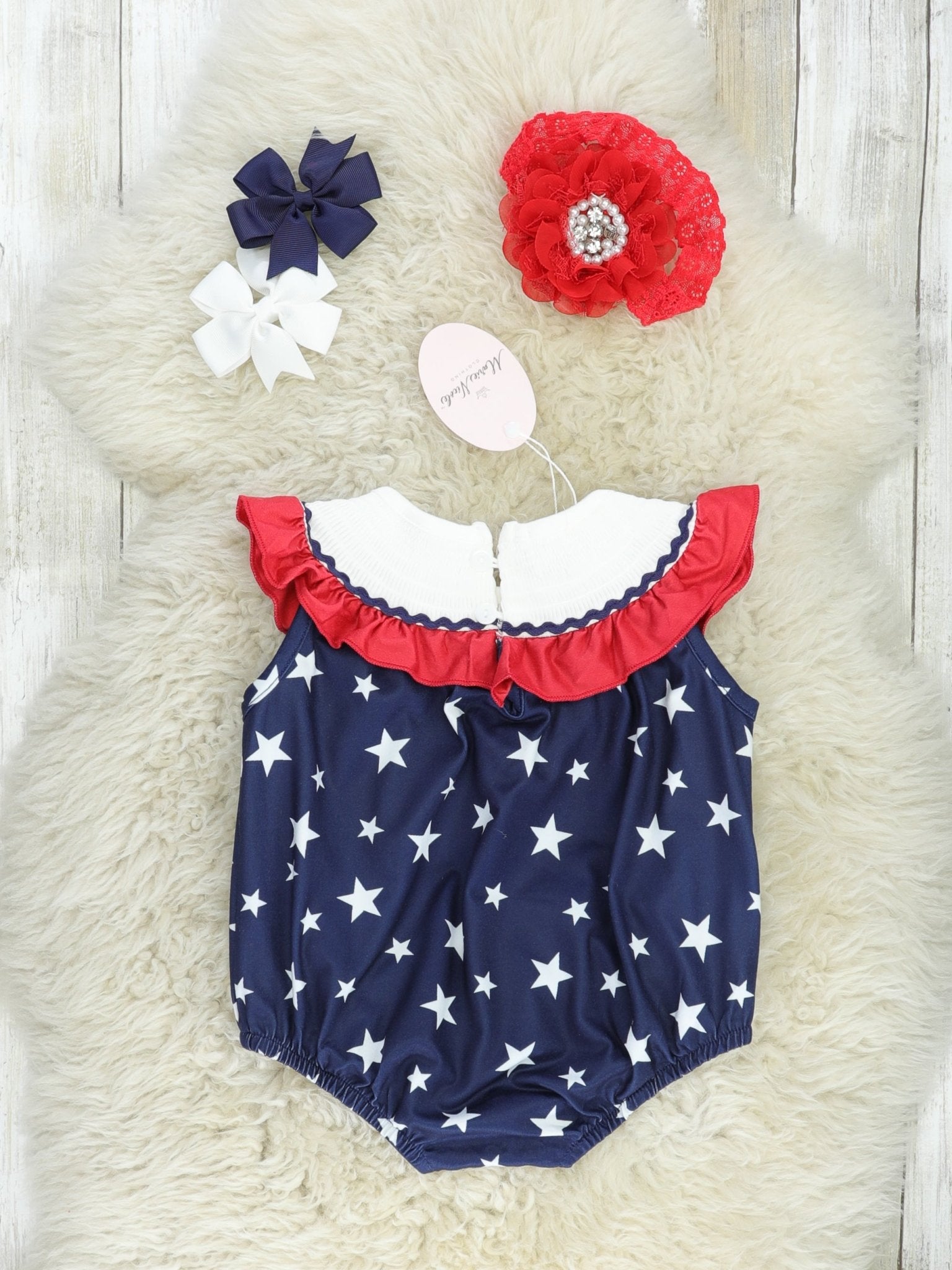 Stars & Stripes Smocked Ruffle Bubble Romper - Marie Nicole Clothing