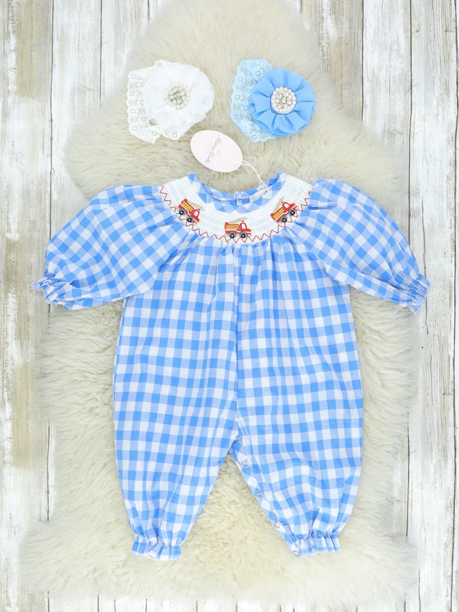 Blue Check Fire Truck Smocked Romper - Marie Nicole Clothing