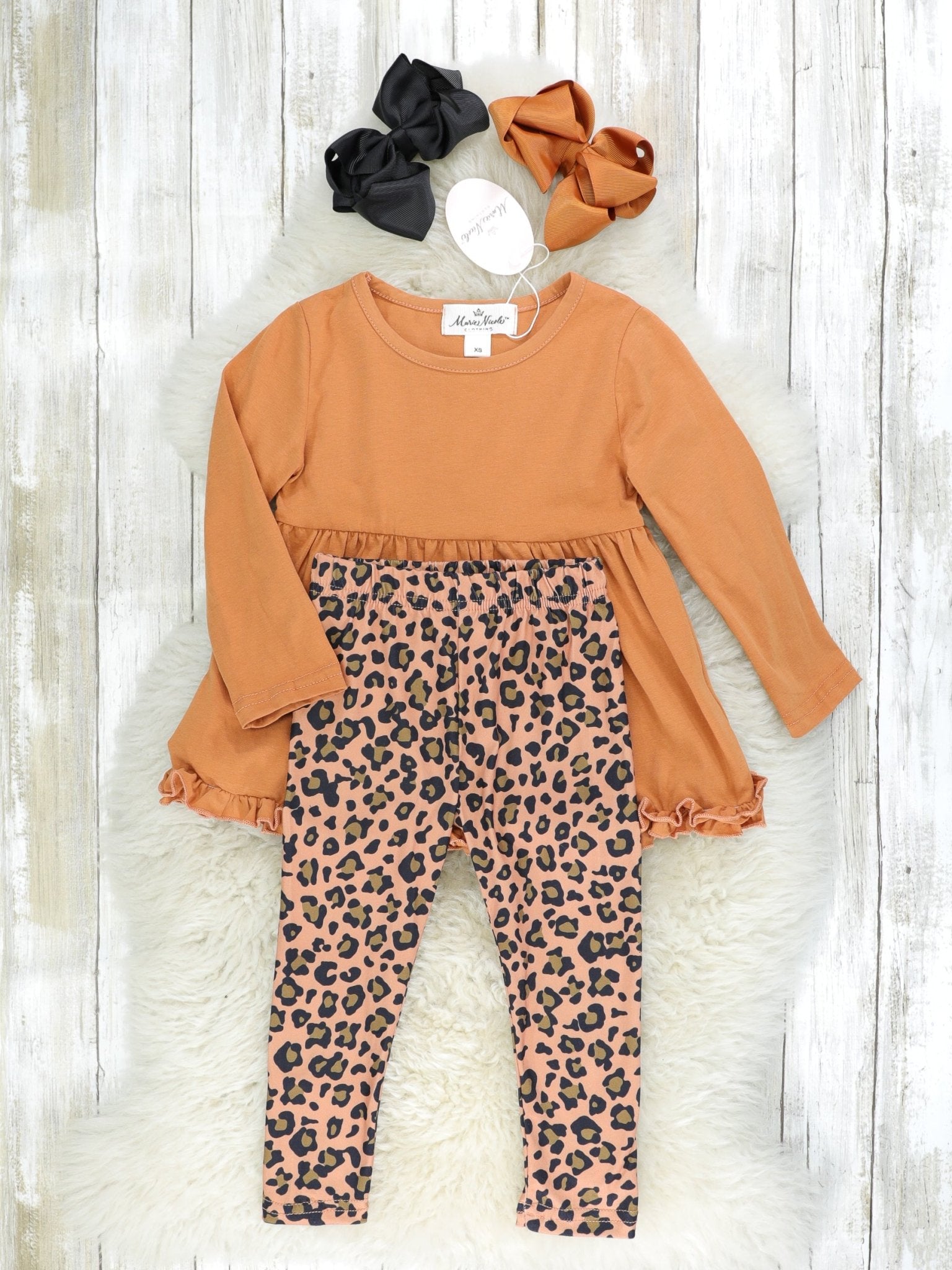 Brown Peplum Ruffle Tunic & Leopard Bottoms Outfit - Marie Nicole Clothing