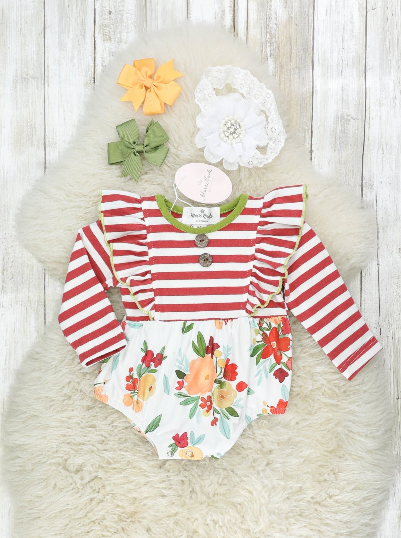 Red Striped Floral Ruffle Romper - Marie Nicole Clothing