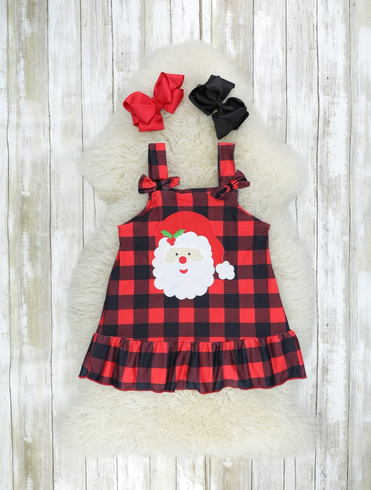 Buffalo Plaid Santa Ruffle Overall Dress - Marie Nicole Clothing