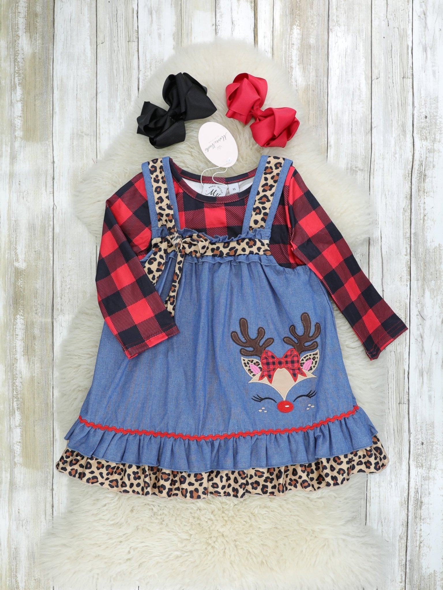 Buffalo Plaid & Leopard Reindeer Dress - Marie Nicole Clothing