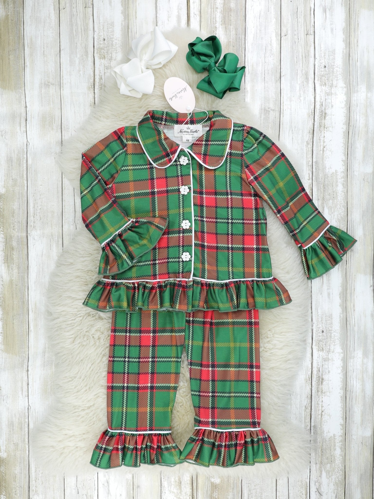 Green & Red Plaid Ruffle Pajamas - Marie Nicole Clothing