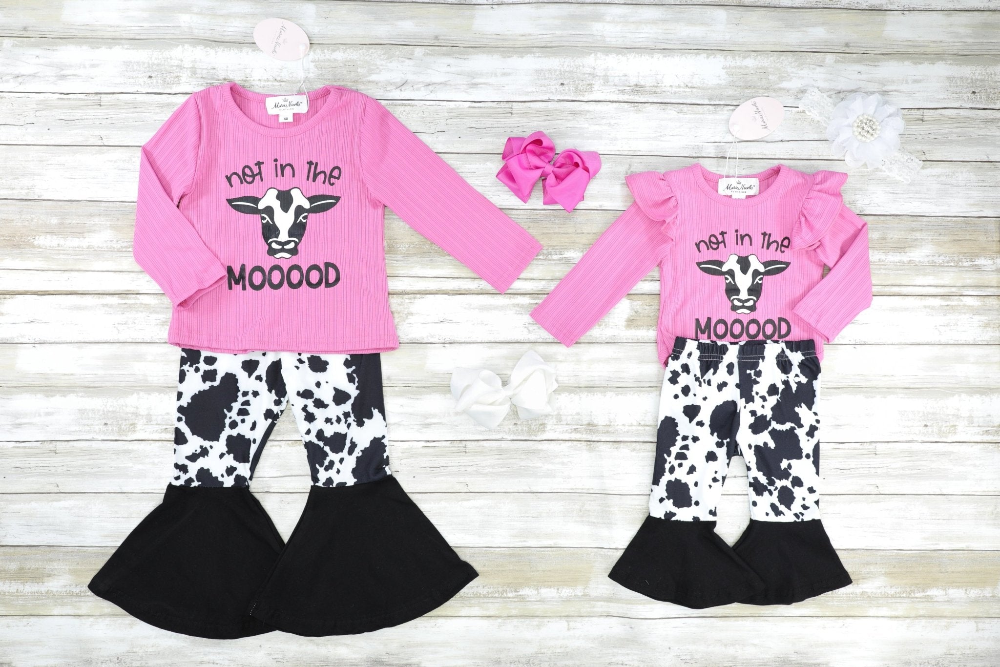 Fuchsia "Not In The MOOOOD" Top & Cow Print Bell Bottoms - Marie Nicole Clothing