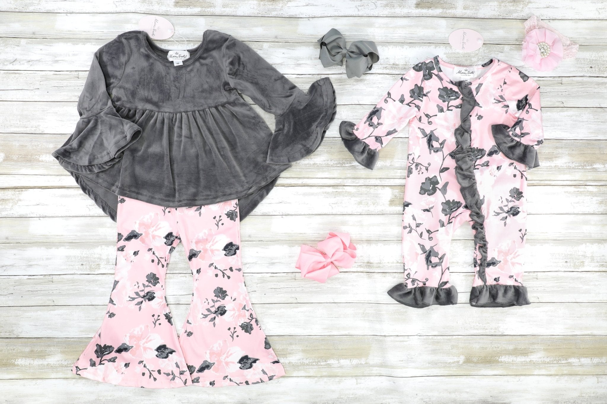 Pink & Grey Floral Velvet Bell Bottom Outfit - Marie Nicole Clothing