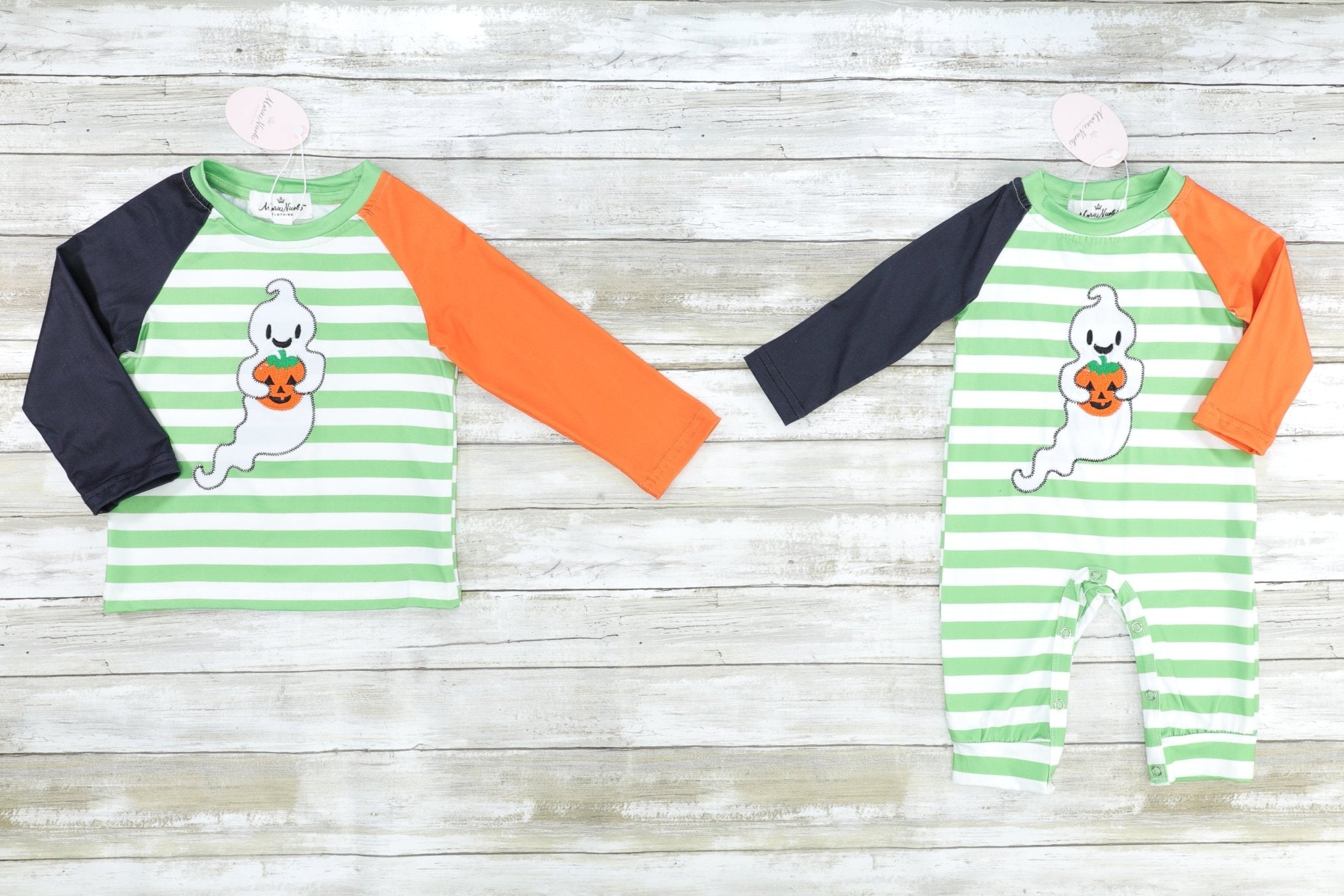 Green & Orange Pumpkin Ghoul Romper - Marie Nicole Clothing