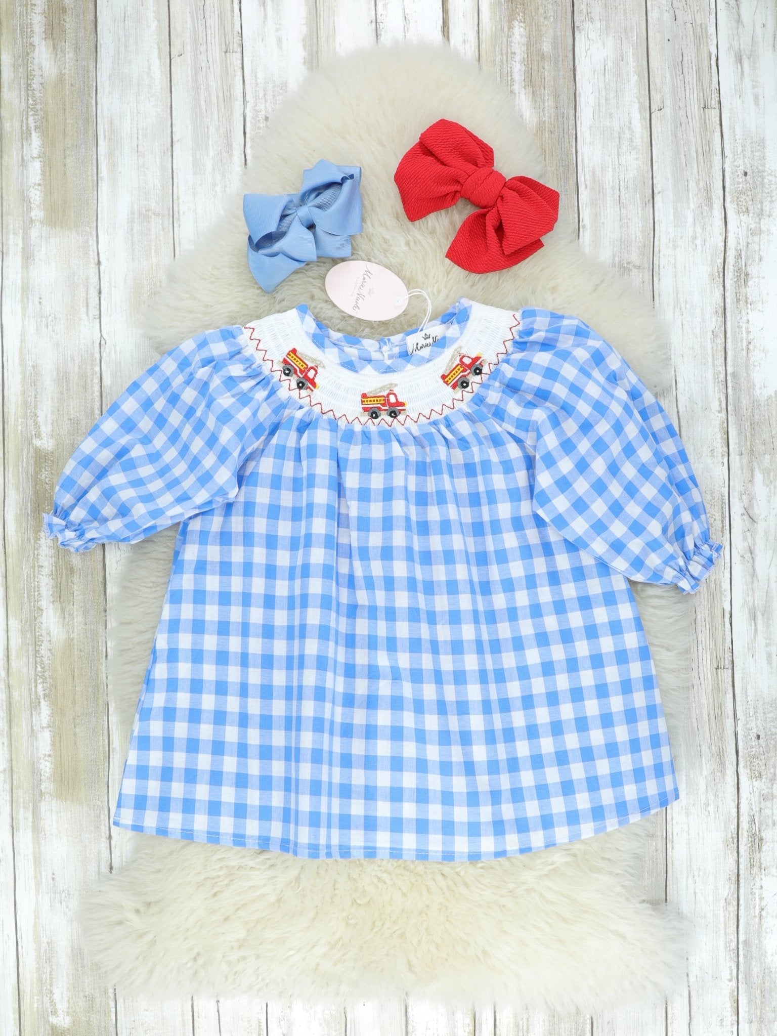 Blue Check Fire Truck Smocked Dress - Marie Nicole Clothing
