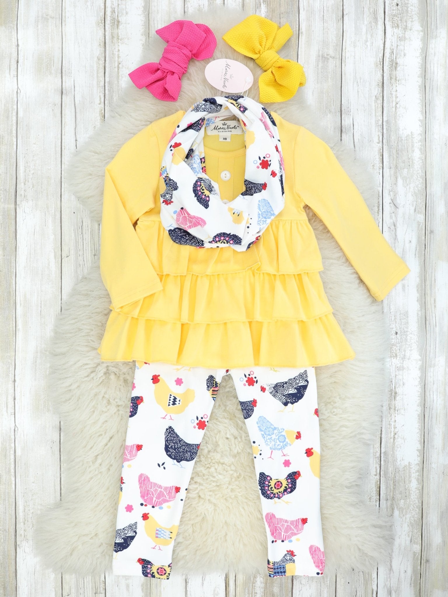 Yellow Ruffle Top & Shabby Chic Chicken Print Bottoms W/ Scarf - Marie Nicole Clothing