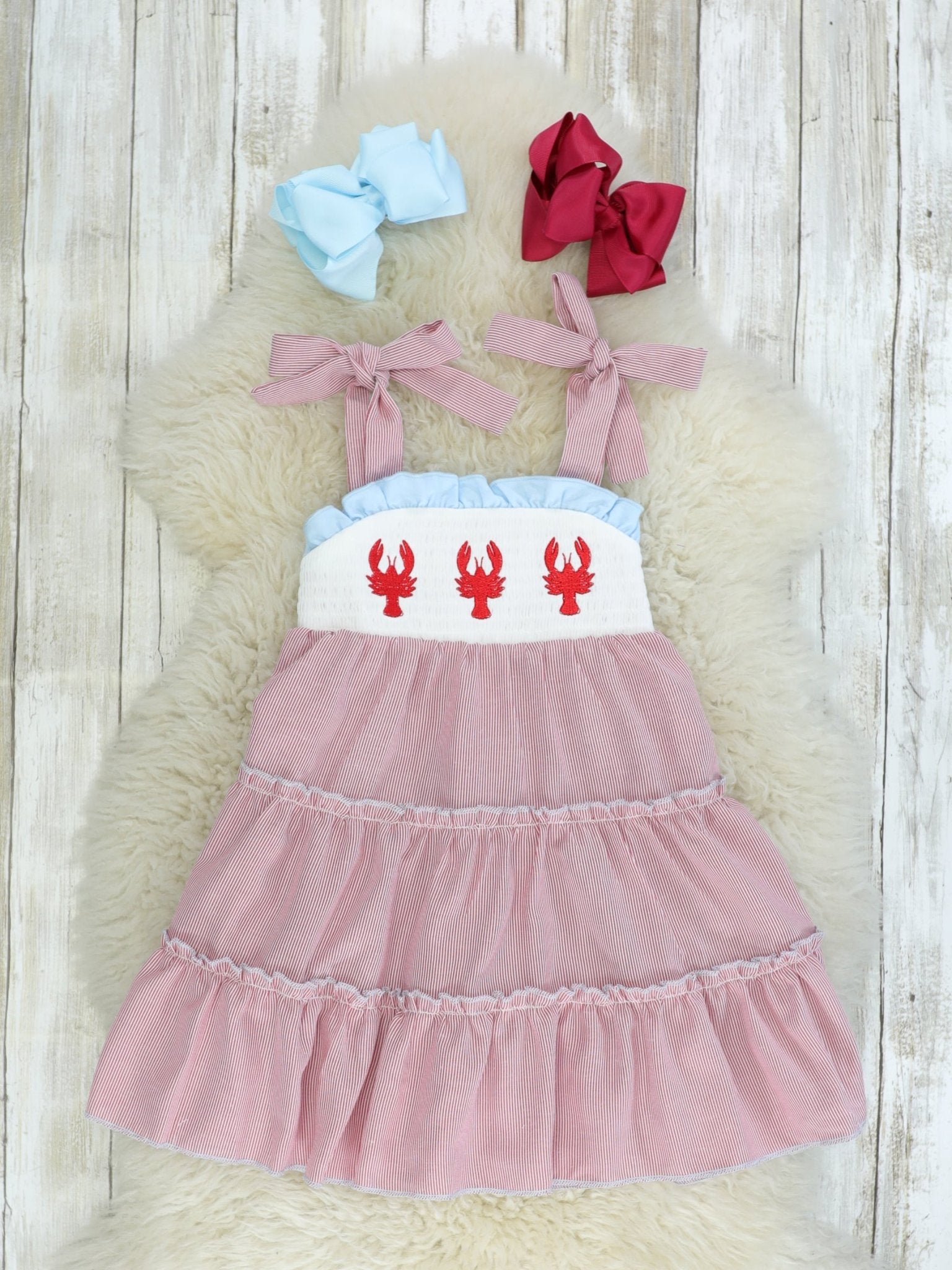 Red Pinstriped Lobster Smocked Ruffle Dress - Marie Nicole Clothing