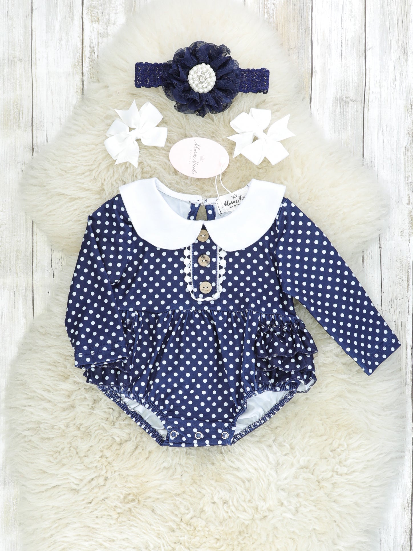 Navy Polka Dot Ruffle Bubble Romper - Marie Nicole Clothing