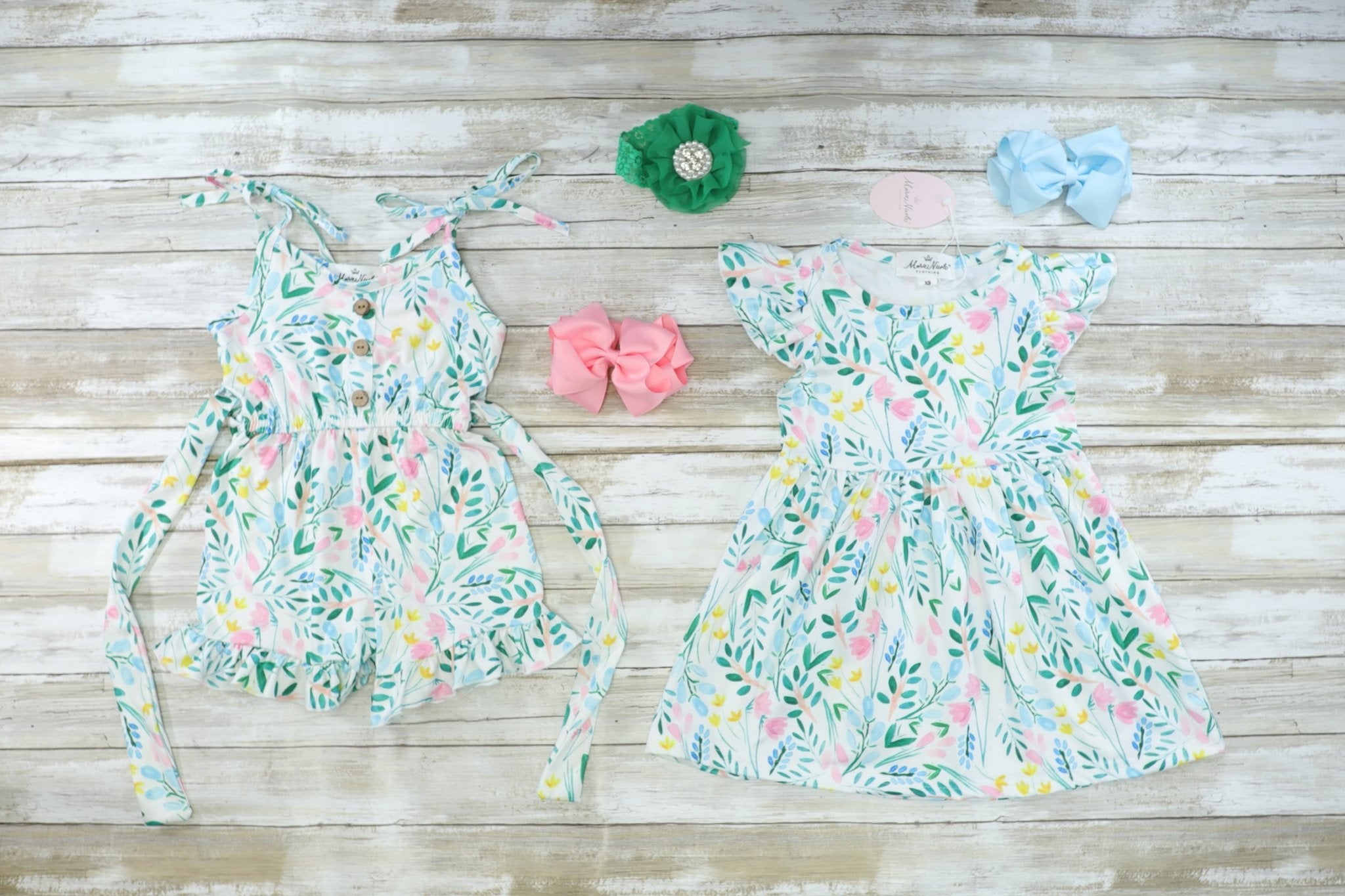 Green, Blue, & Pink Floral Romper - Marie Nicole Clothing