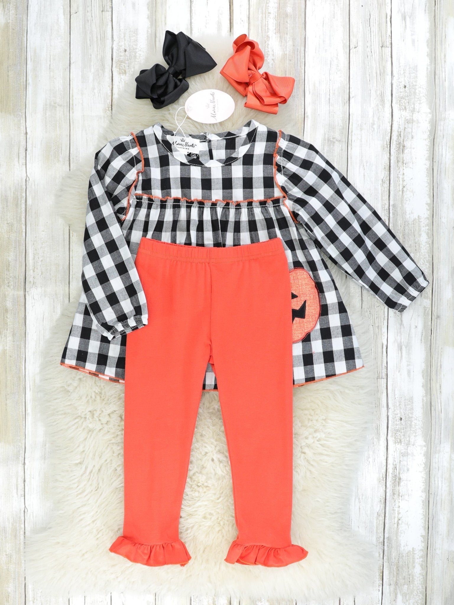 Gingham Jack - O - Lantern Top & Orange Ruffle Bottoms Outfit - Marie Nicole Clothing