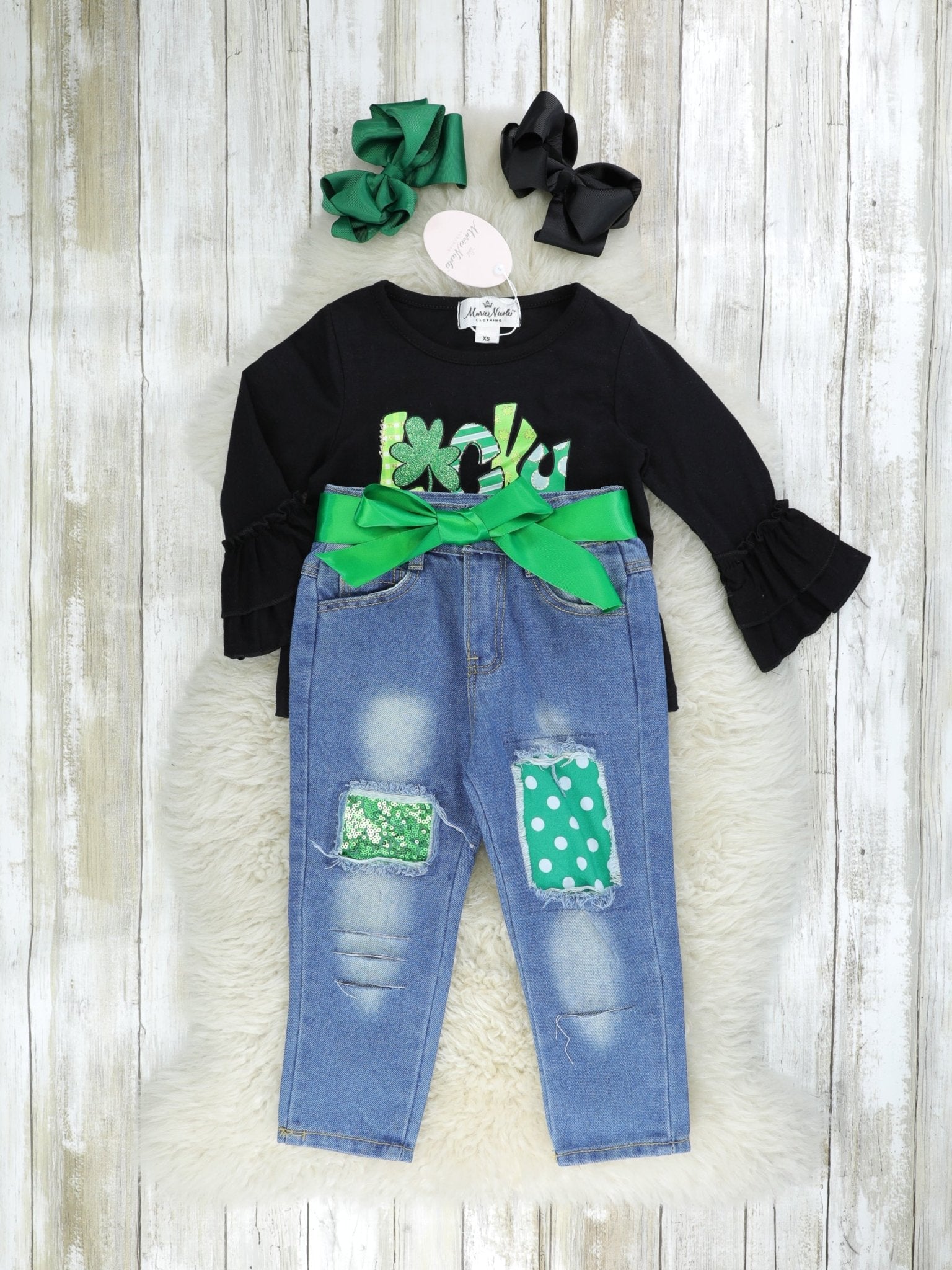 "Lucky" Distressed Denim Ruffle Outfit - Marie Nicole Clothing