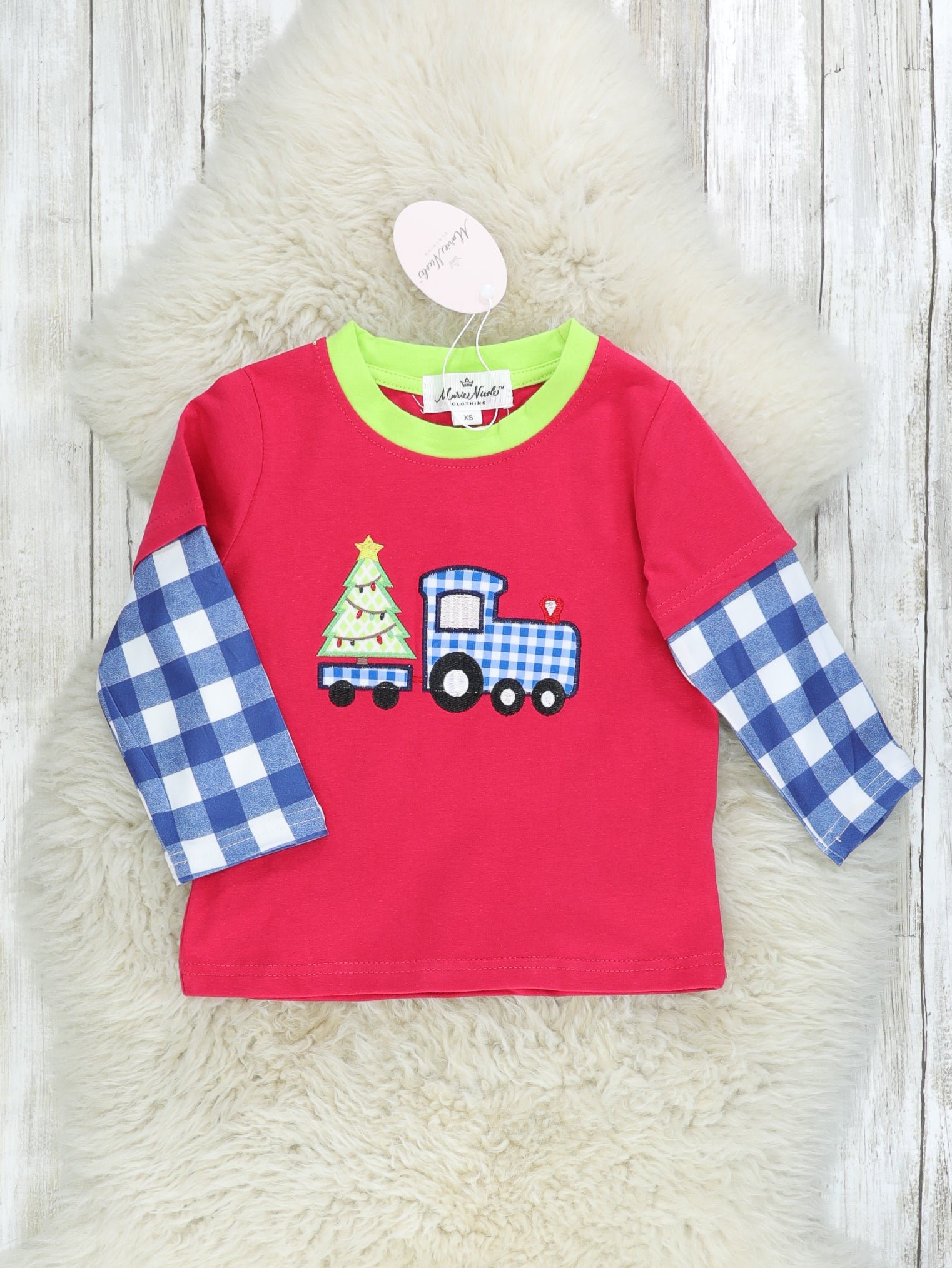 Blue Gingham Christmas Tree Truck Layered Shirt - Marie Nicole Clothing