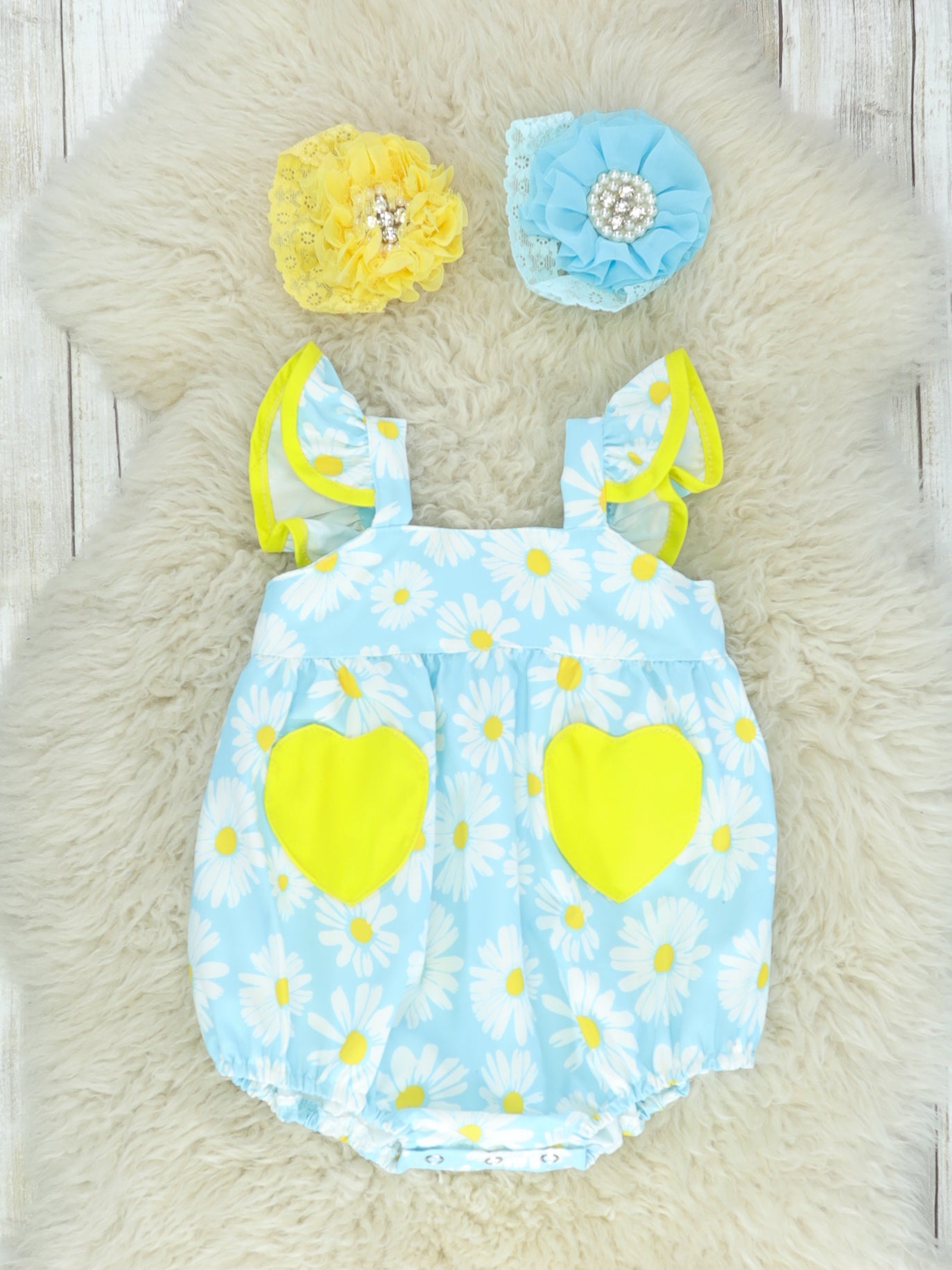 Blue & Yellow Daisy Pocket Bubble Romper - Marie Nicole Clothing