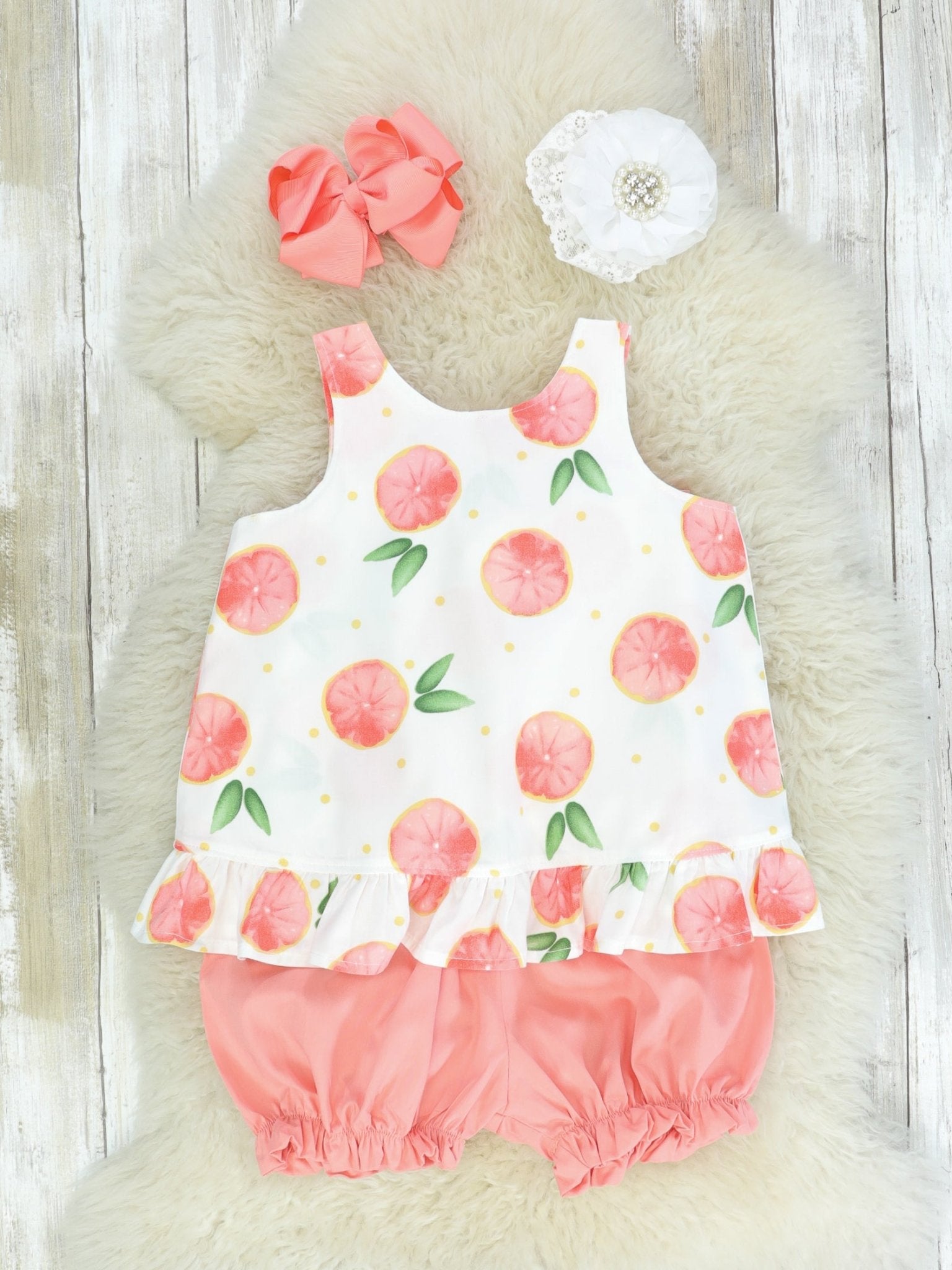 Grapefruit Ruffle Open - Back Bow Outfit - Marie Nicole Clothing