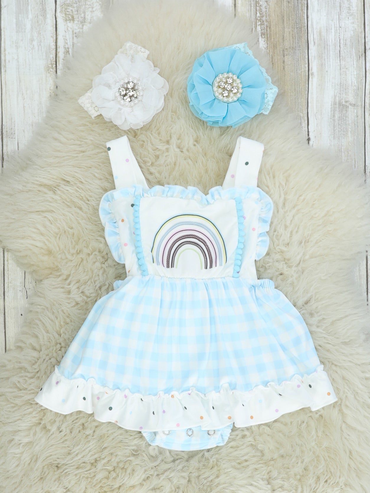 Blue Check Rainbow Ruffle Dress - Marie Nicole Clothing