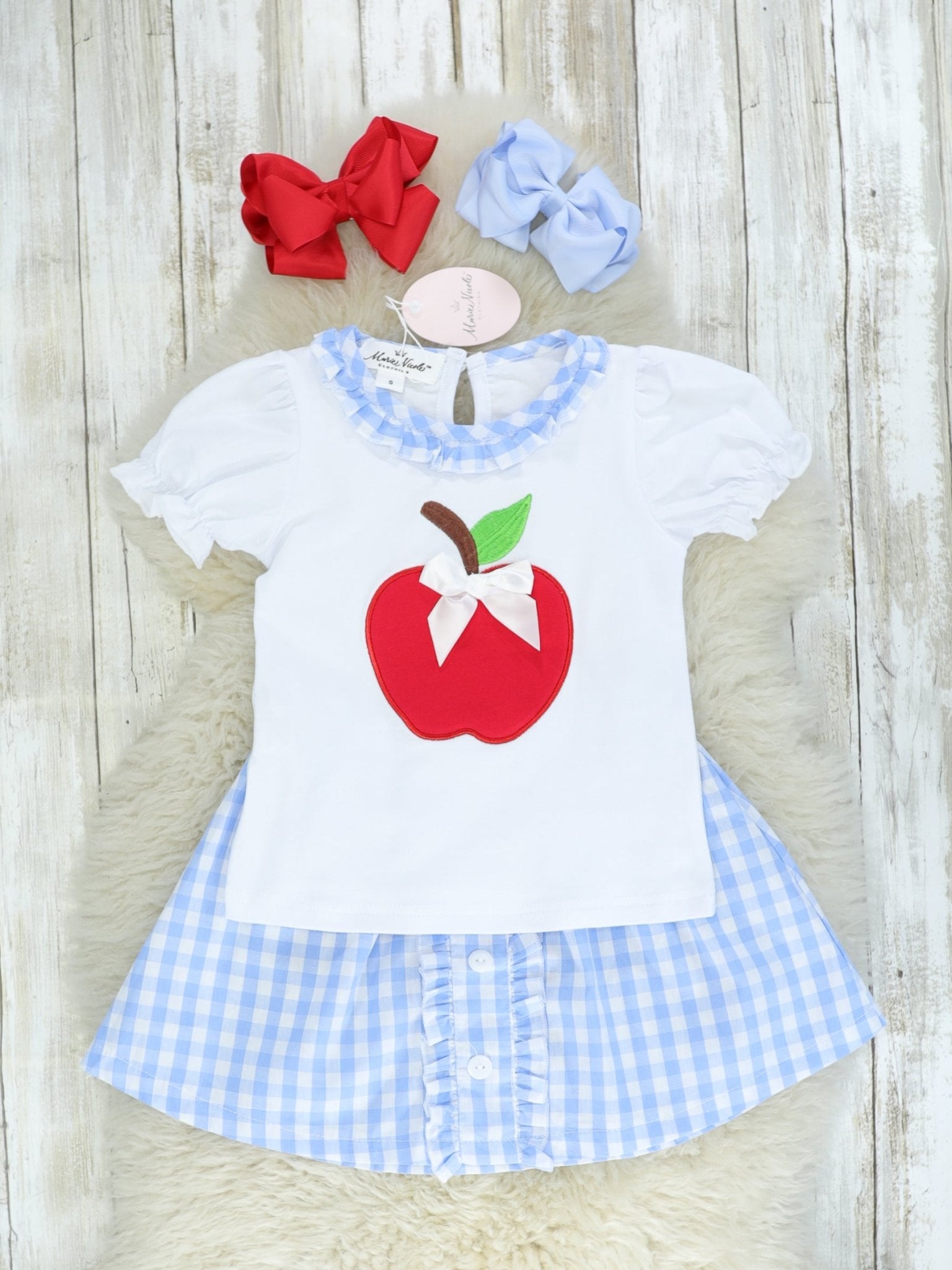 Apple Ruffle Top & Blue Check Skirt Outfit - Marie Nicole Clothing