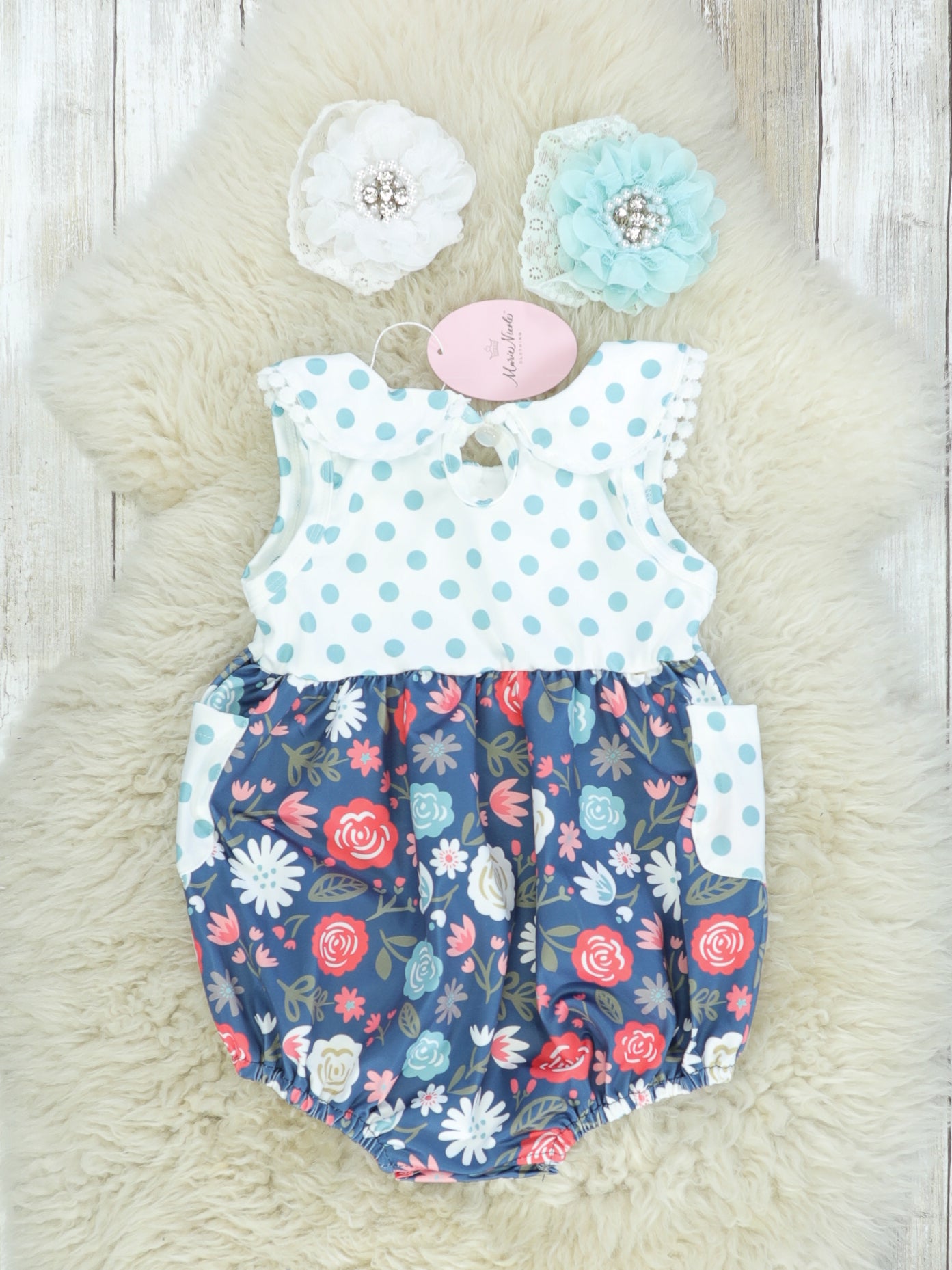 Navy Floral Polka Dotted Bubble Romper - Marie Nicole Clothing