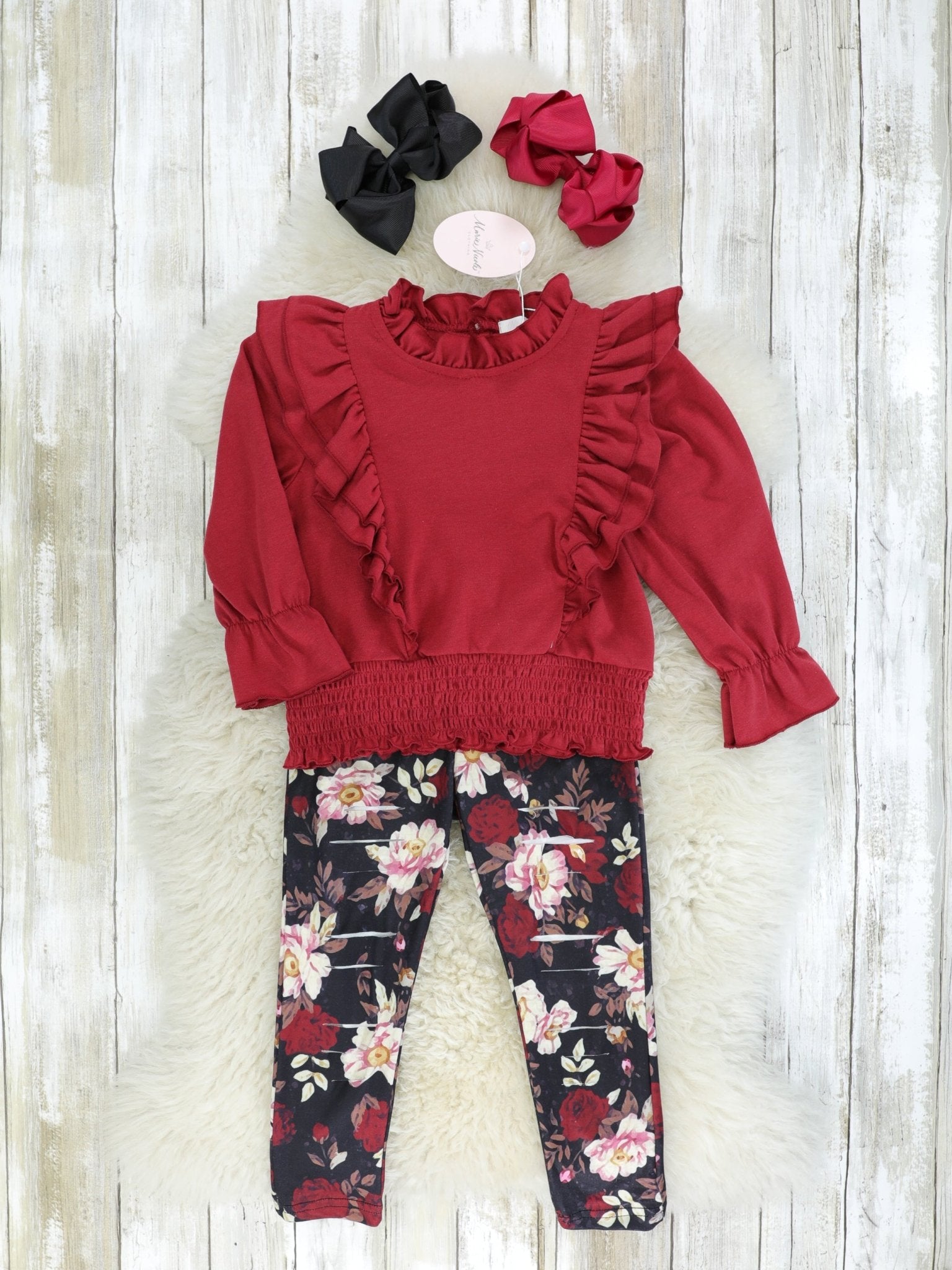 Maroon Smocked Ruffle Long Sleeve & Floral Bottoms Outfit - Marie Nicole Clothing