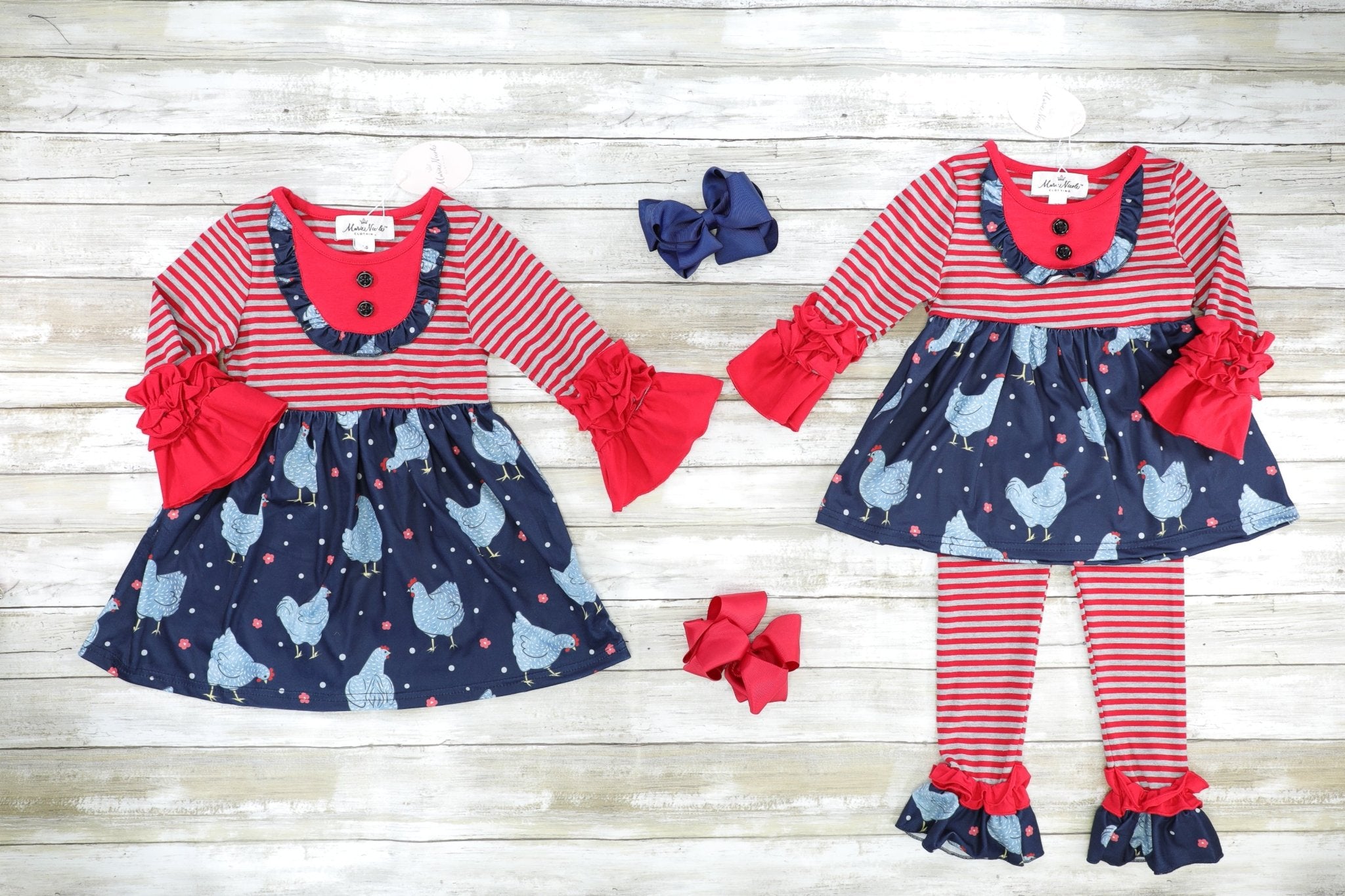 Red Striped Chicken Ruffle Dress - Marie Nicole Clothing