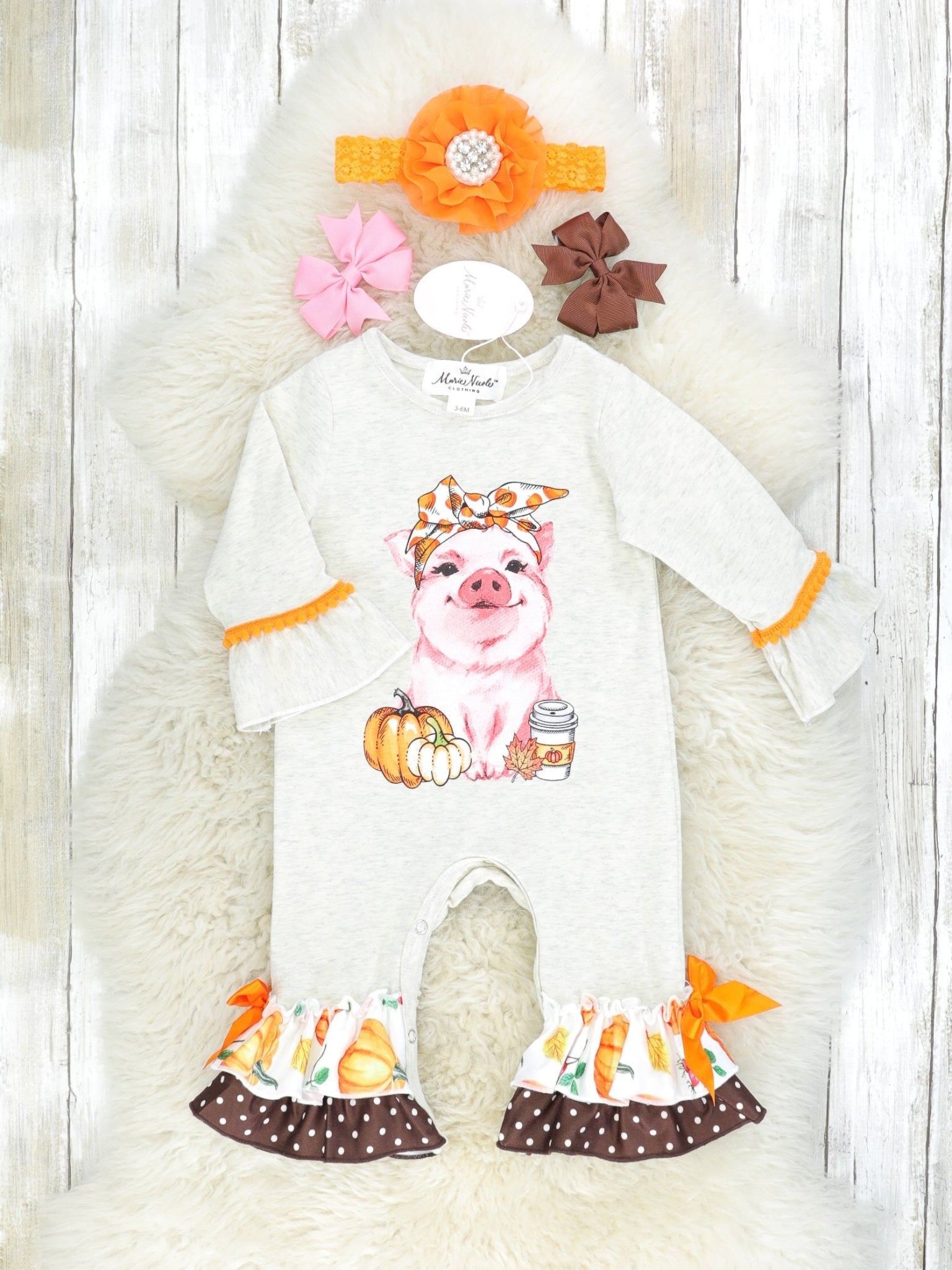 Piggy Pumpkin Patch Ruffle Romper - Marie Nicole Clothing