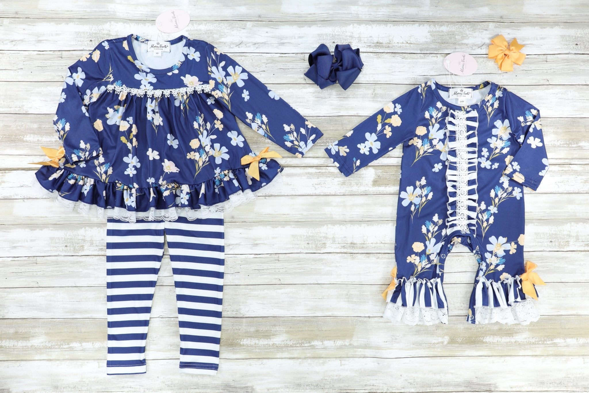 Navy Floral Lace Ruffle Tunic & Striped Bottoms Outfit - Marie Nicole Clothing