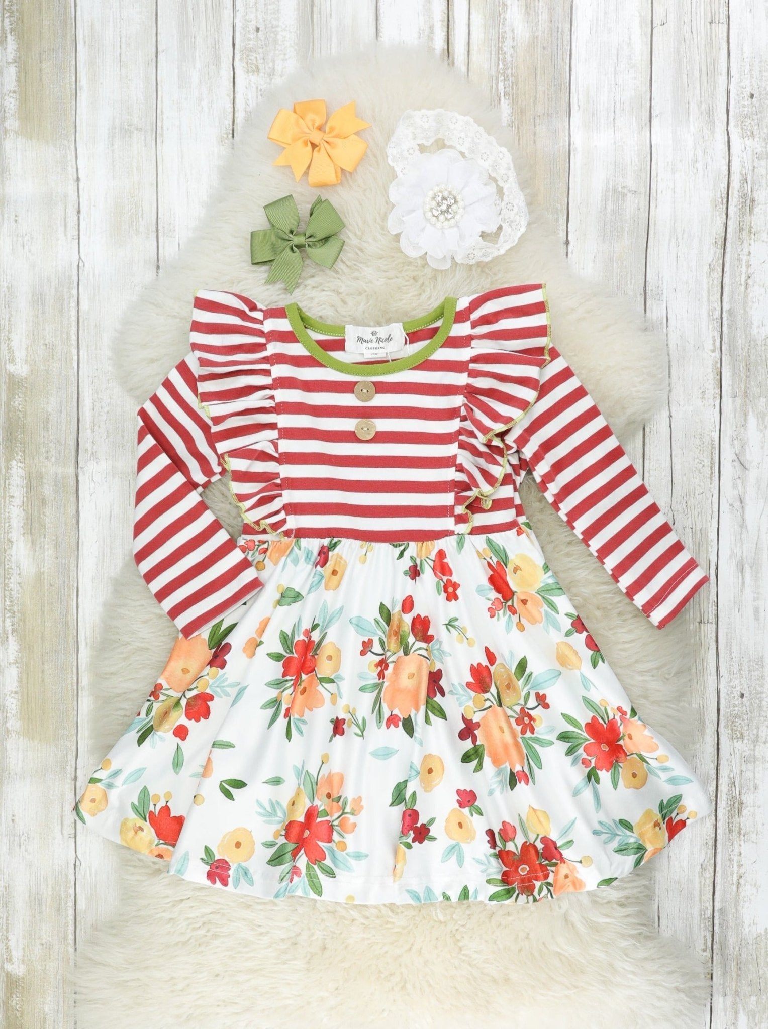 Red Striped Floral Ruffle Dress - Marie Nicole Clothing