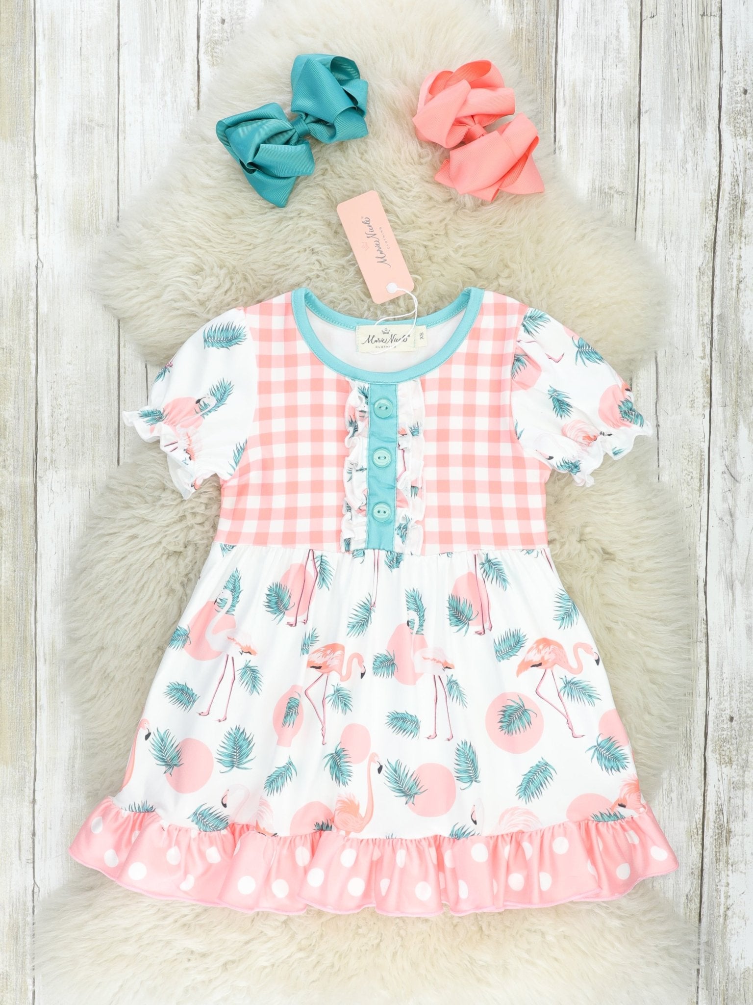 Coral Gingham Flamingo Ruffle Dress - Marie Nicole Clothing