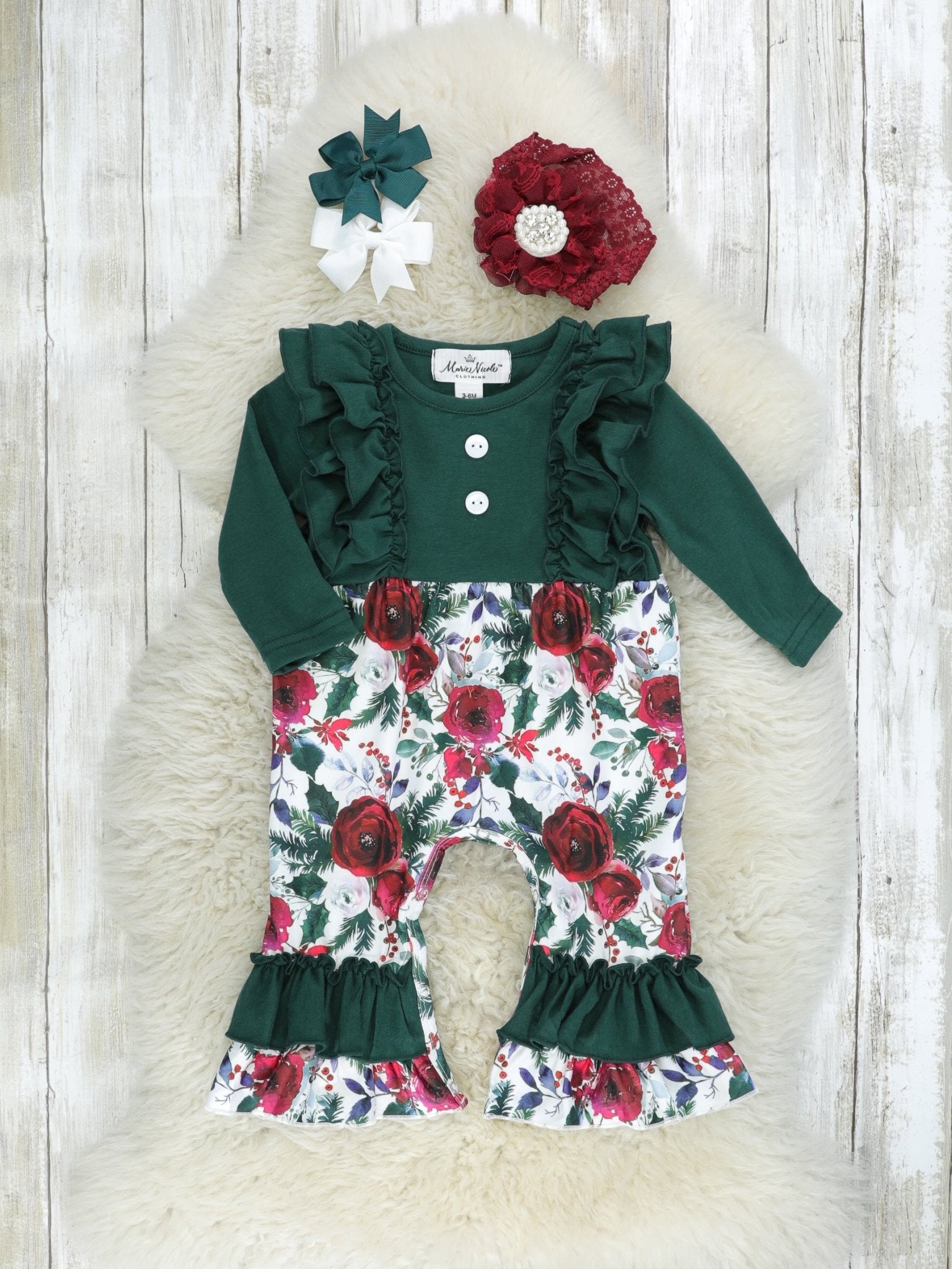 Hunter Green Rose Ruffle Romper - Marie Nicole Clothing